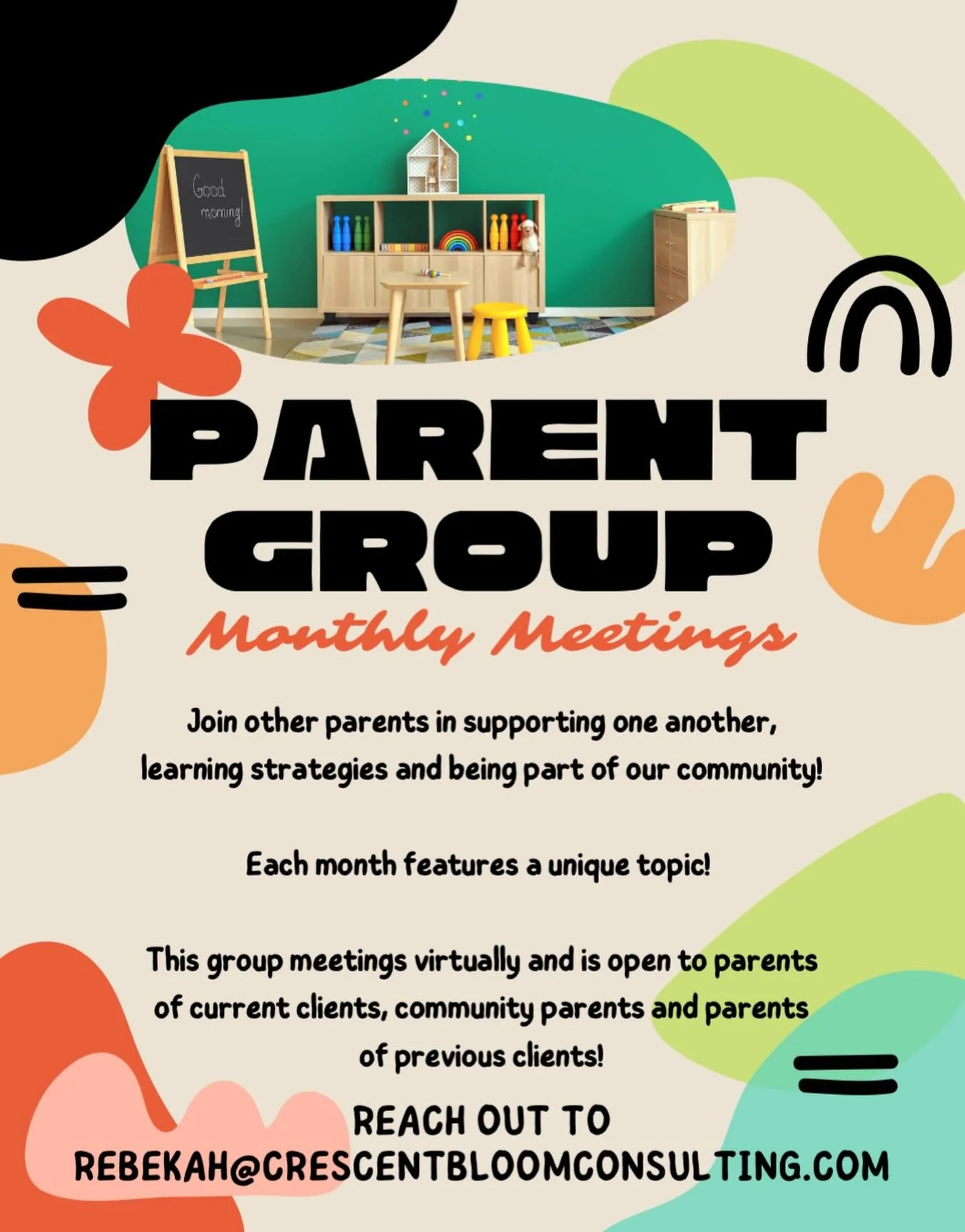 Our Parent Group is open to parents of current clients, previous clients, and community parents! It&rsquo;s a great space to connect with other parents of neurodiverse kids and discuss important topics. Reach out to Rebekah@crescentbloomconsulting.co