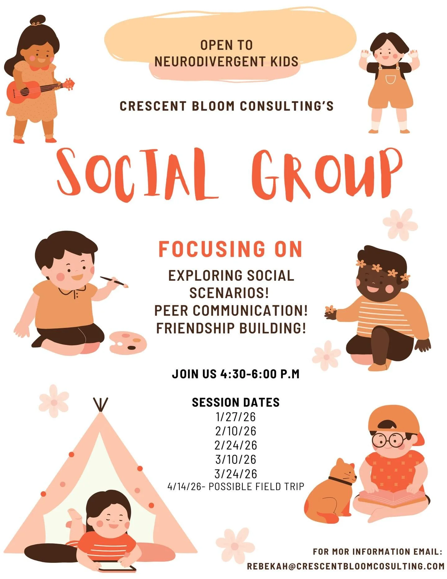 Crescent Bloom spring Social Group is now open for registration! Join us to work on skills for exploring social scenarios, peer communication, and friendship building. Email rebekah@crescentbloomconsulting.com for more information! 🌸🌙