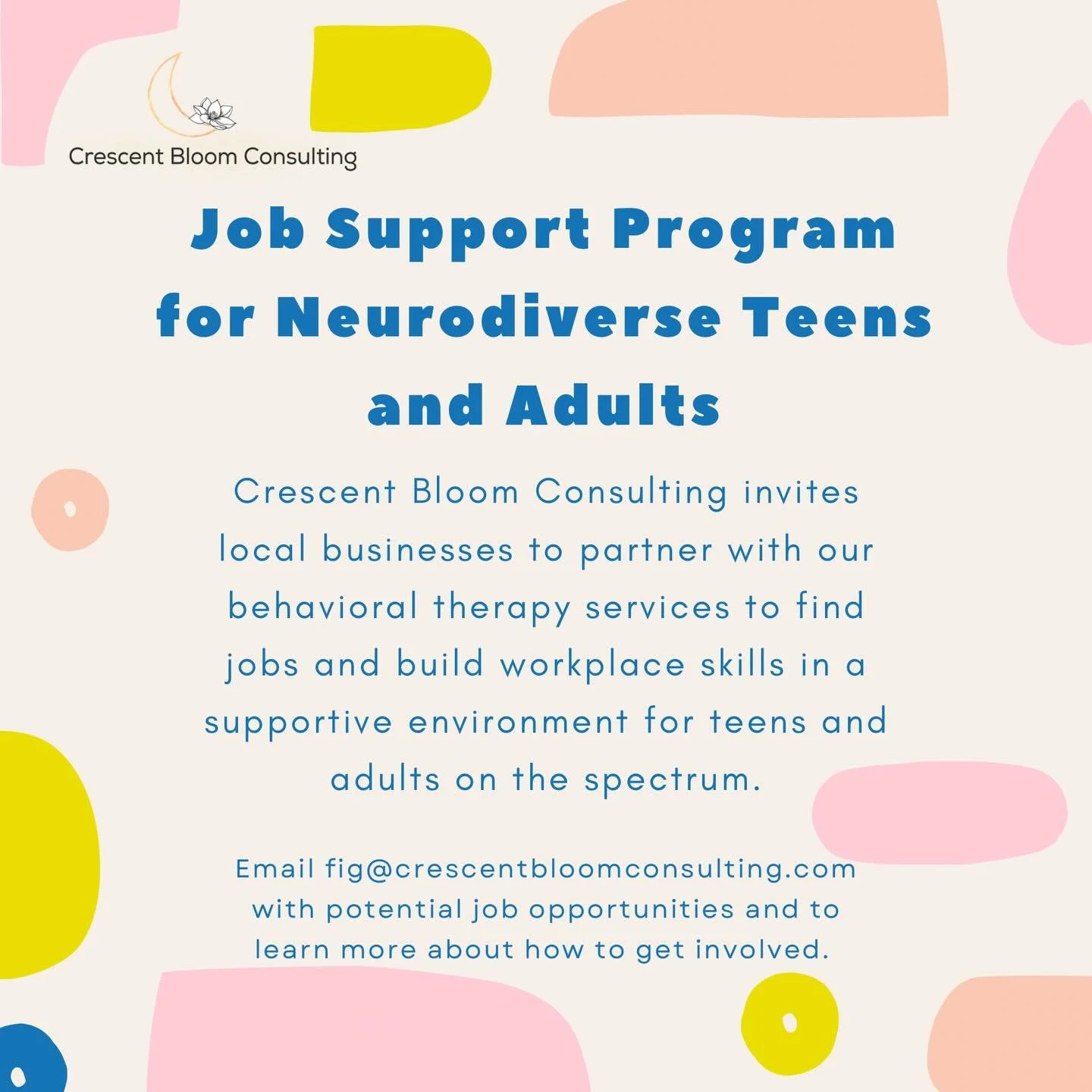 We are starting a pilot program to find job skill resources for teens and adults on the spectrum! 🌸 Many individuals are seeking supportive workplaces to build social, financial, and independent skills. Help us connect adults and teens on the spectr