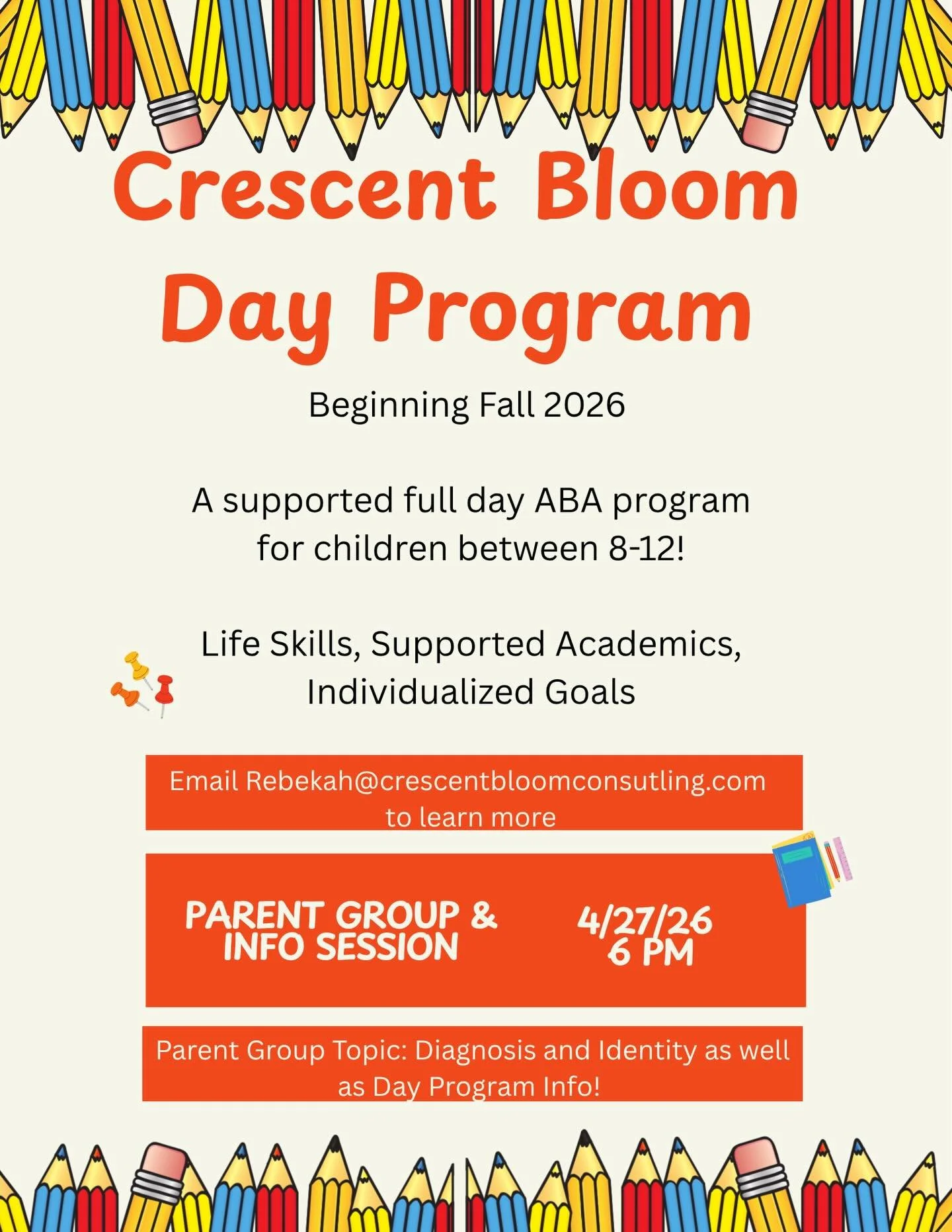 Our next parent group is April 27th at 6pm, and it will double as a follow up info session about our new Day Program! Join us to learn more about diagnosis and autistic identity, and to connect with the Day Program 🌟

Email rebekah@crescentbloomcons