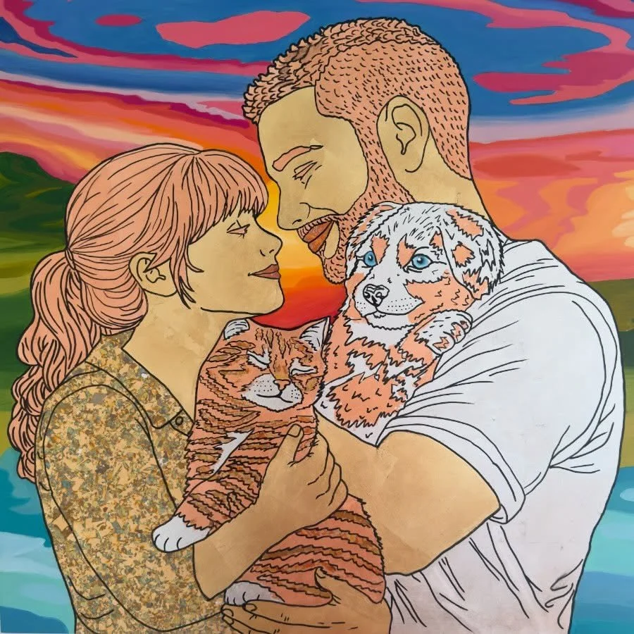 &ldquo;Coming home to the ones who make every day brighter ❤️ Introducing &lsquo;Arriving Home&rsquo; &ndash; a 36&rdquo;x36&rdquo;x1.5&rdquo; original oil and metal on wood painting capturing that pure, joyful moment of love, laughter, and furry snu