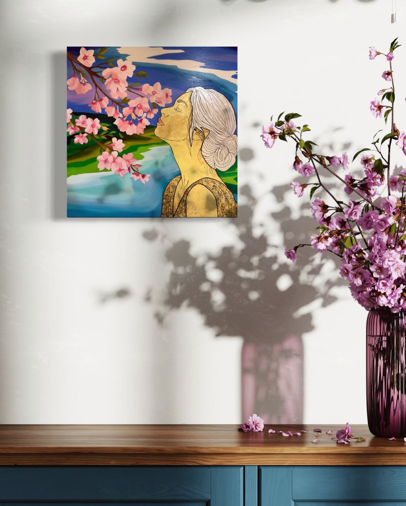 This piece holds the feeling of standing beneath blossoms and allowing yourself to fully take it in.

On metal, the surface reflects light throughout the day, making the gold glow and the landscape feel deeper and more dimensional.

12&rdquo; x 12&rd