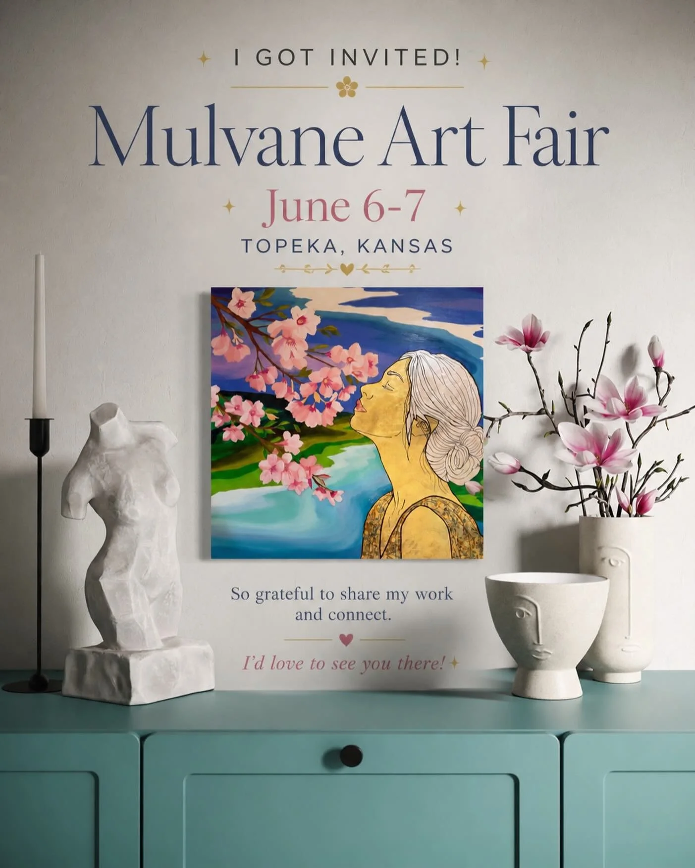 I&rsquo;m so excited to share that I&rsquo;ve been invited to show my work at the Mulvane Art Fair in Topeka, Kansas, June 6&ndash;7.

I&rsquo;ll be there all weekend with a collection of my paintings, and I&rsquo;m really looking forward to connecti
