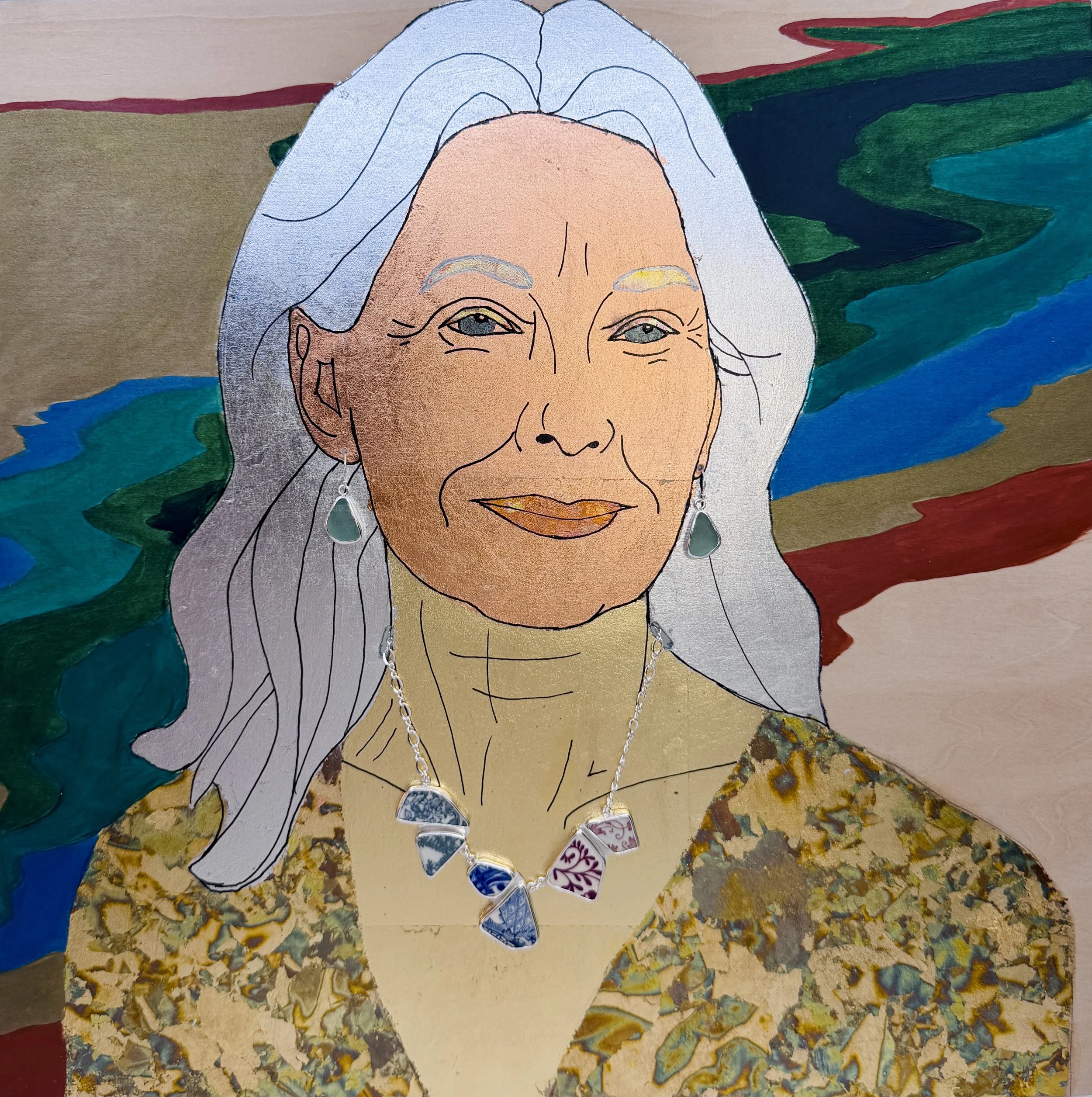 Silver Fox  - 16” x 16” - Acrylic, Gilded Metal Leaf and Sliverstorm Jewelry 