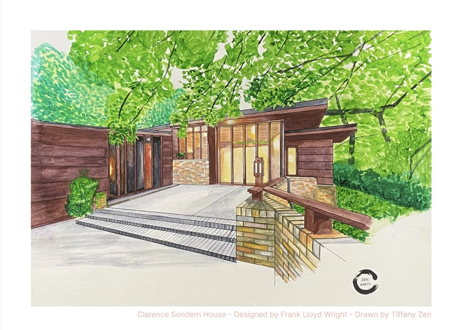 Watercolor rendering of a modern house with wooden siding, stone accents, glass doors, and a small front porch surrounded by green trees.