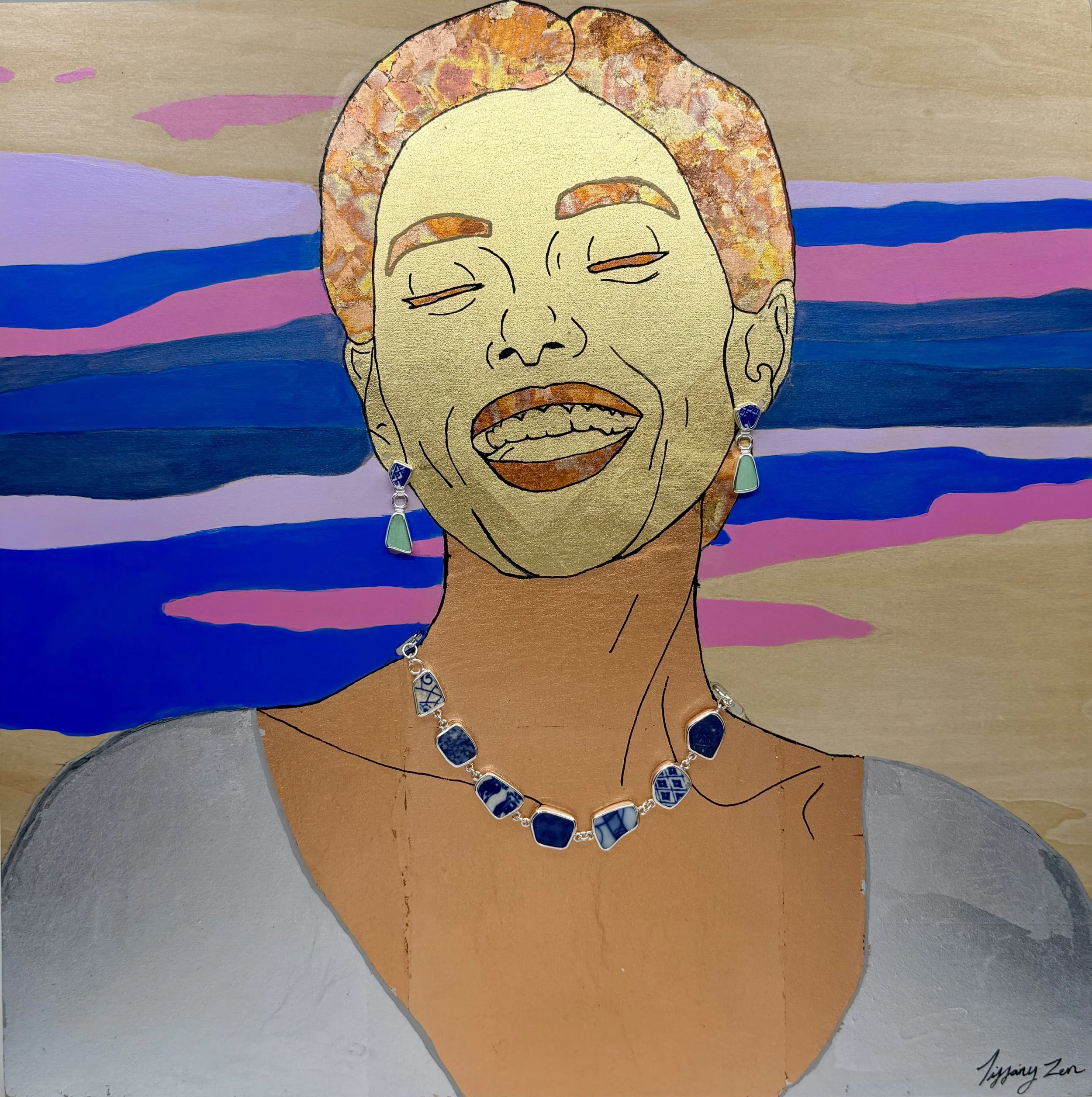 A colorful mixed media artwork of a woman with short hair, earrings, and a necklace, smiling with closed eyes, set against an abstract background of purple, blue, and pink stripes.