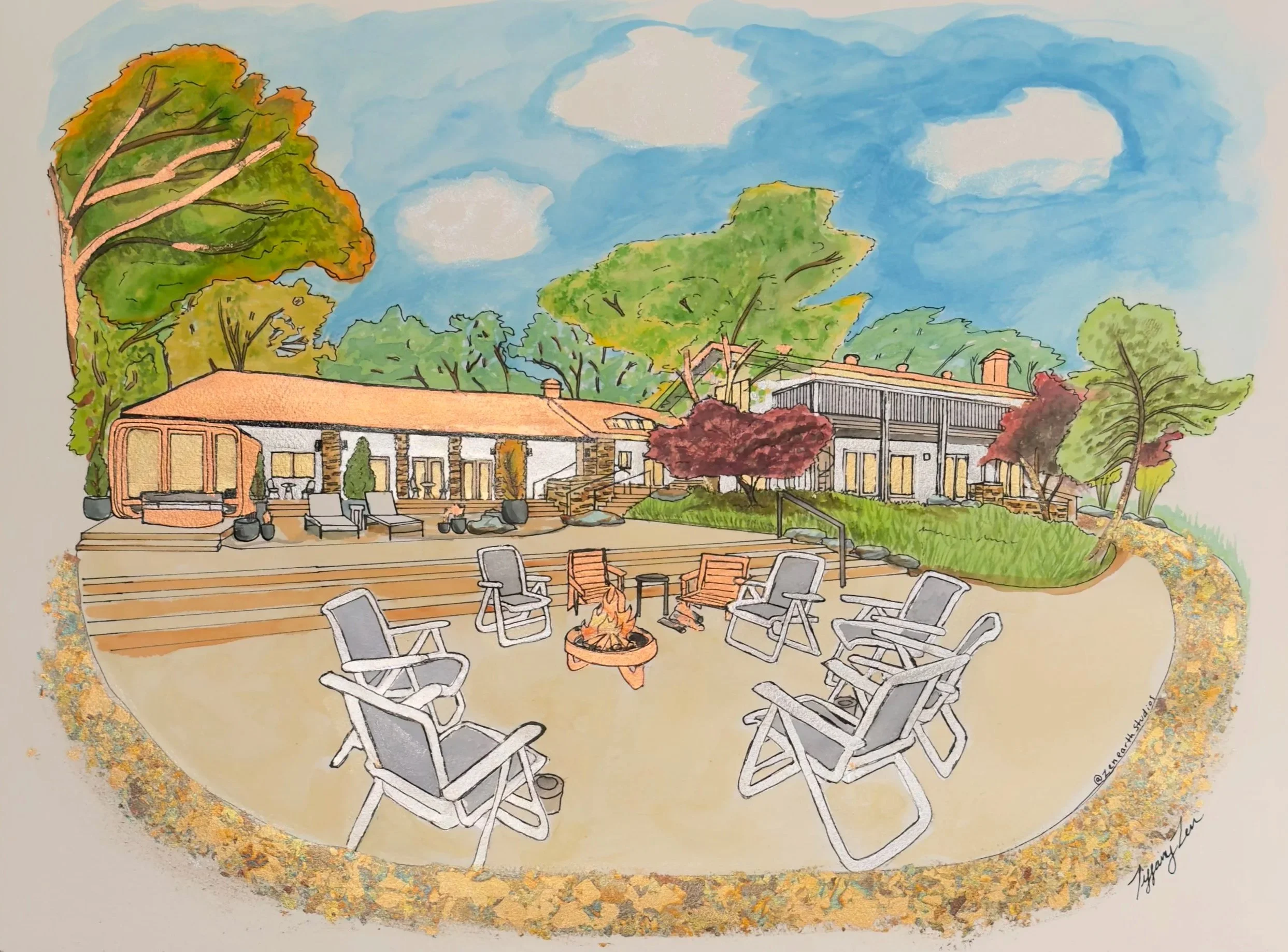 A colorful watercolor painting of a backyard patio with chairs around a fire pit, a house with large windows, and lush green trees and foliage in the background under a partly cloudy sky.