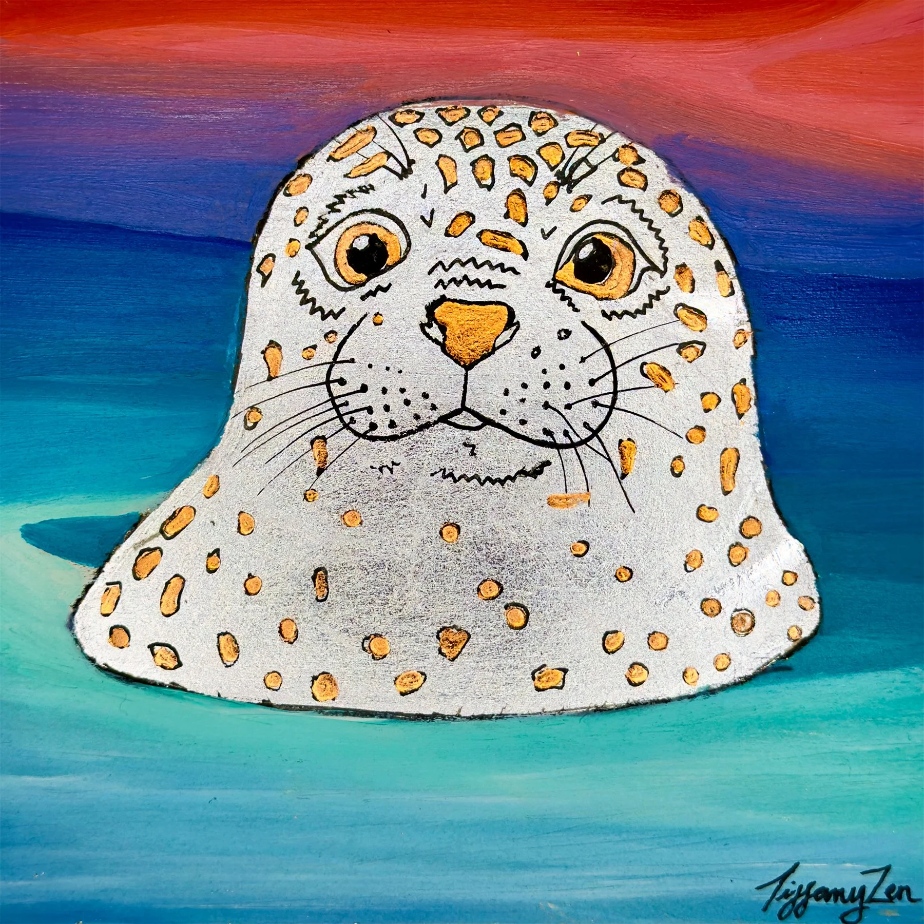 Silly Seal - 6" x 6" - Metal Leaf & Oil on Wood