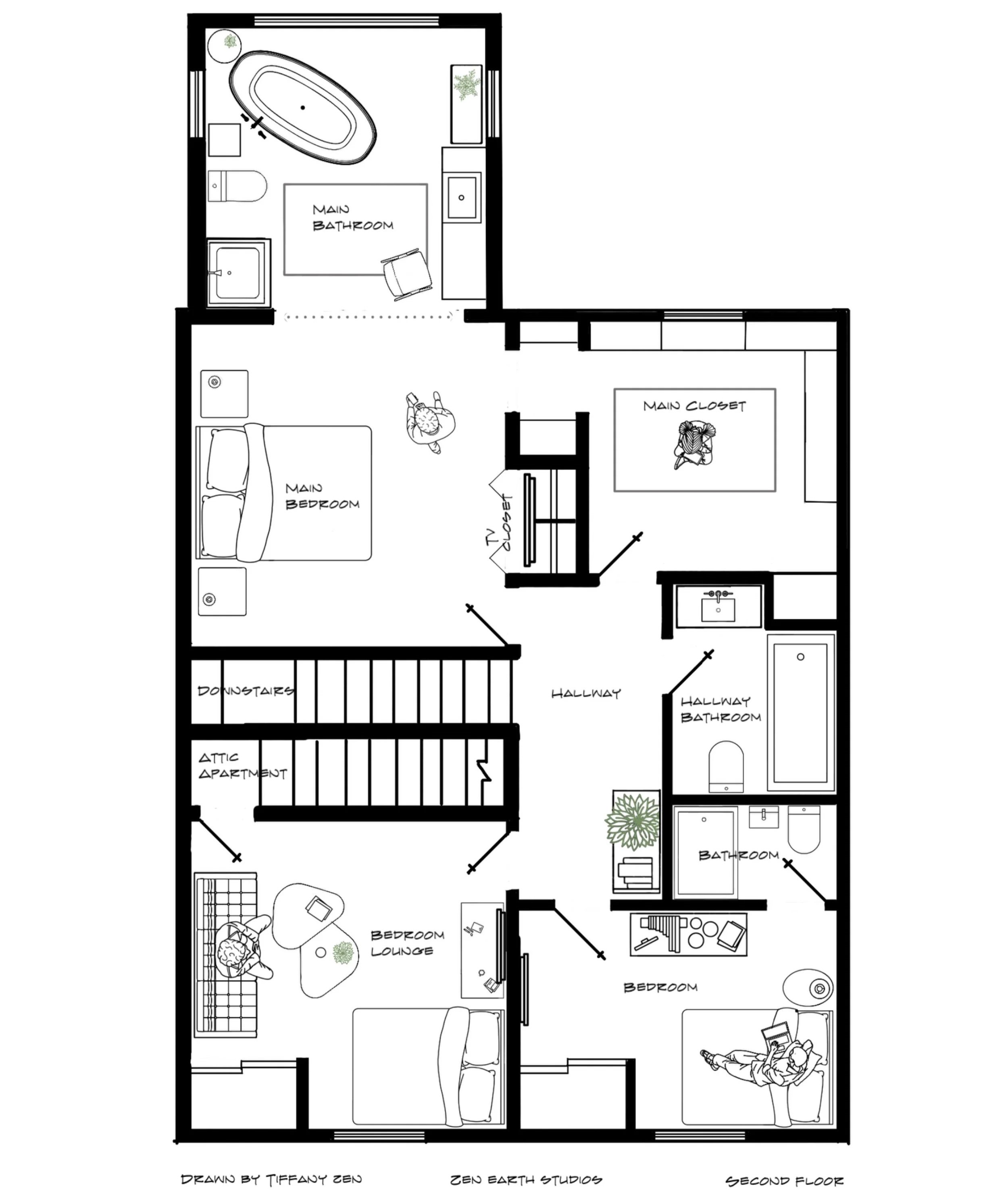 A detailed floor plan of a residence showing multiple rooms including bedrooms, bathrooms, a lounge, and a kitchen, with labels indicating the main areas.