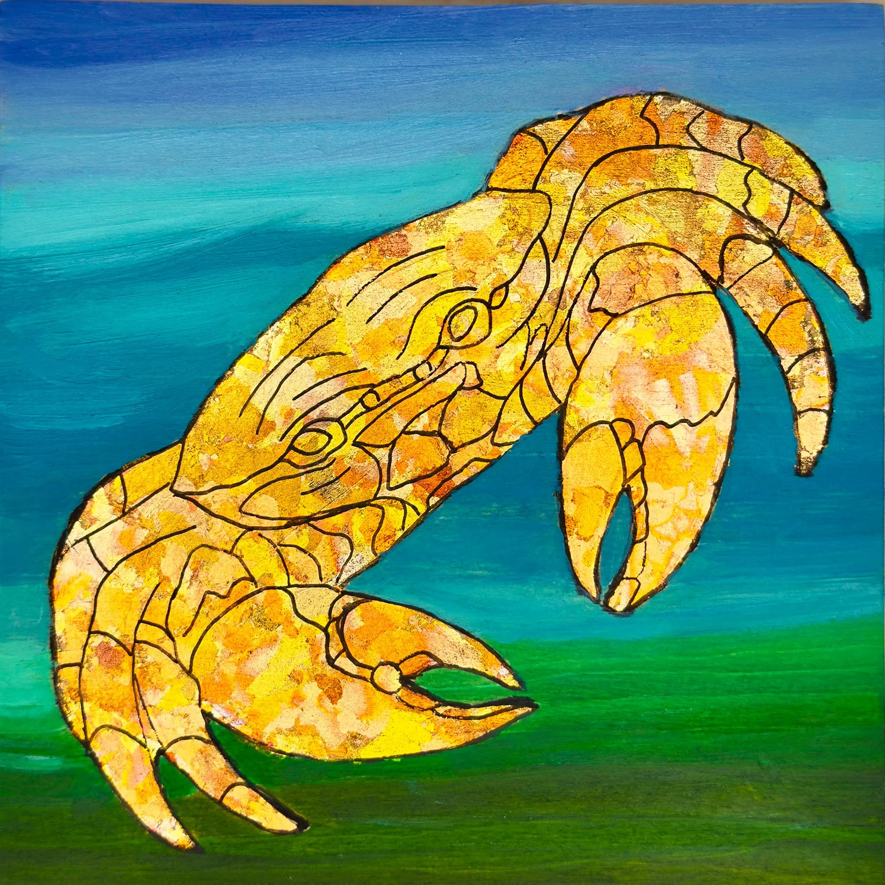 Crabby Shoreline - 6" x 6" - Metal Leaf and Oil on Wood