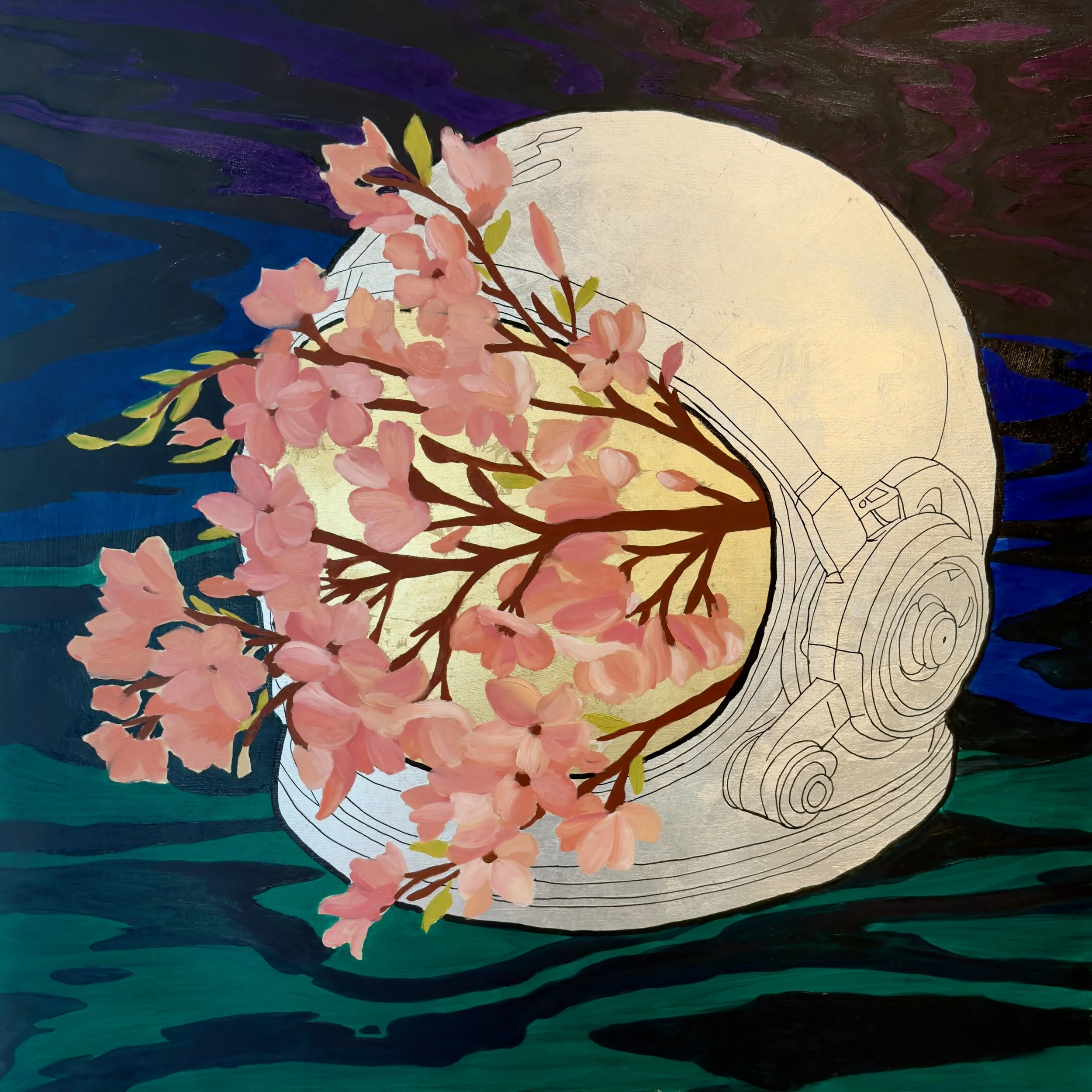 Space Flowers - 
24” x 24”  - 
Oil, Acrylic, and Gilded Metal leaf  