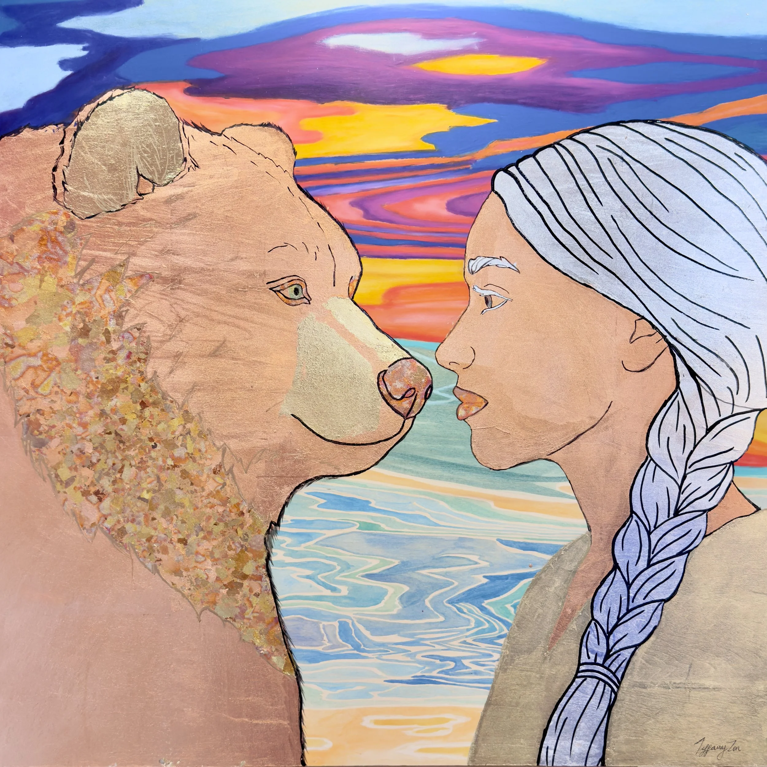 The Quiet Guardian - 24” x 24” - Oil Pastel, Watercolor and Gilded Metal Leaf 