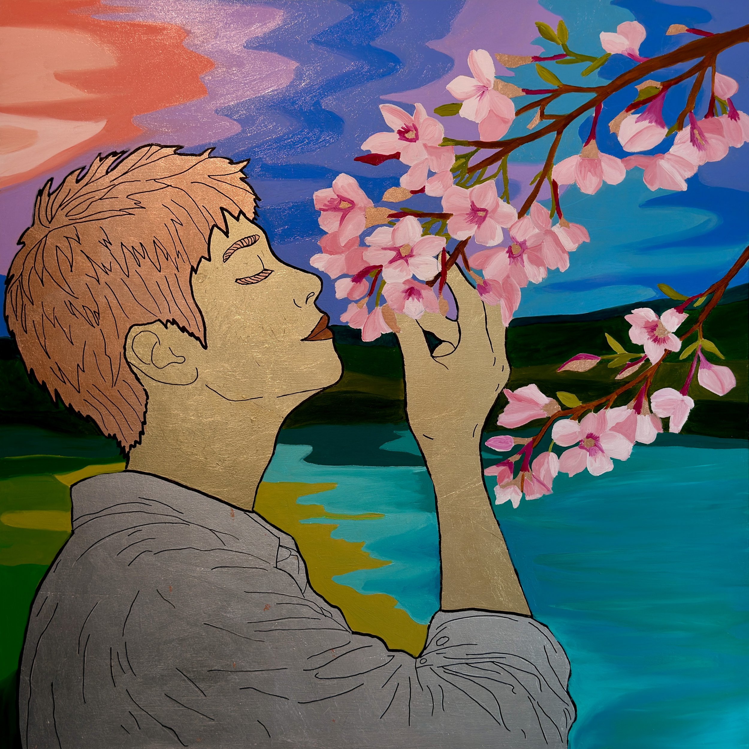 Sakura Awakening - 
24” x 24”  - 
Oil and Gilded Metal leaf  