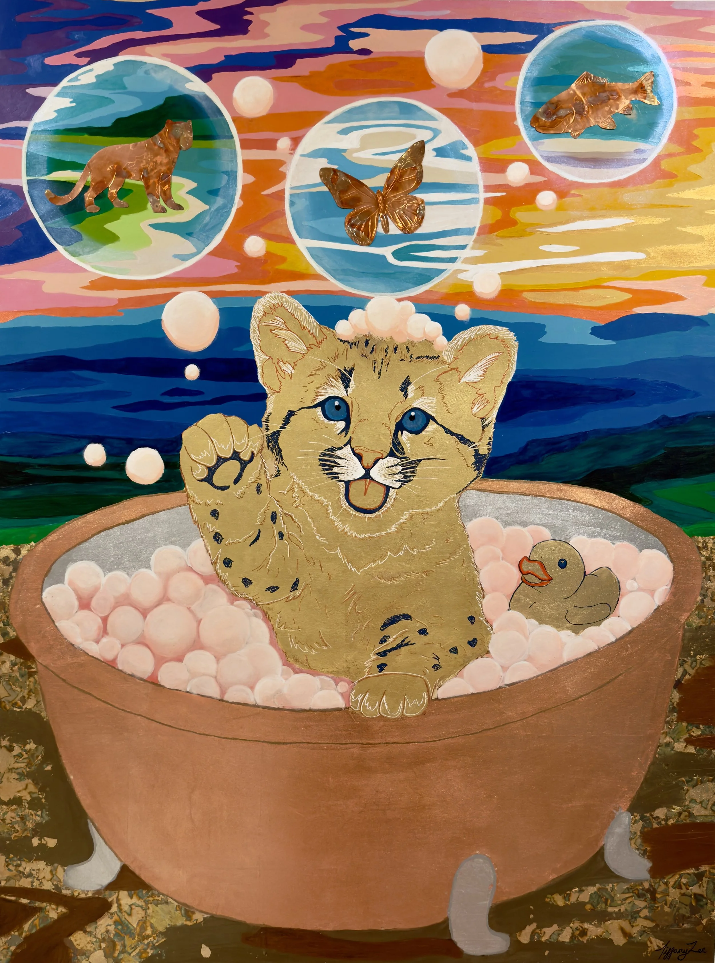 Where Dreams Begin - 30” x 40” - Oil Pastel, Acrylic, Pearl Ex, Copper Sheets Flamed , 22k Gold and Gilded Metal Leaf