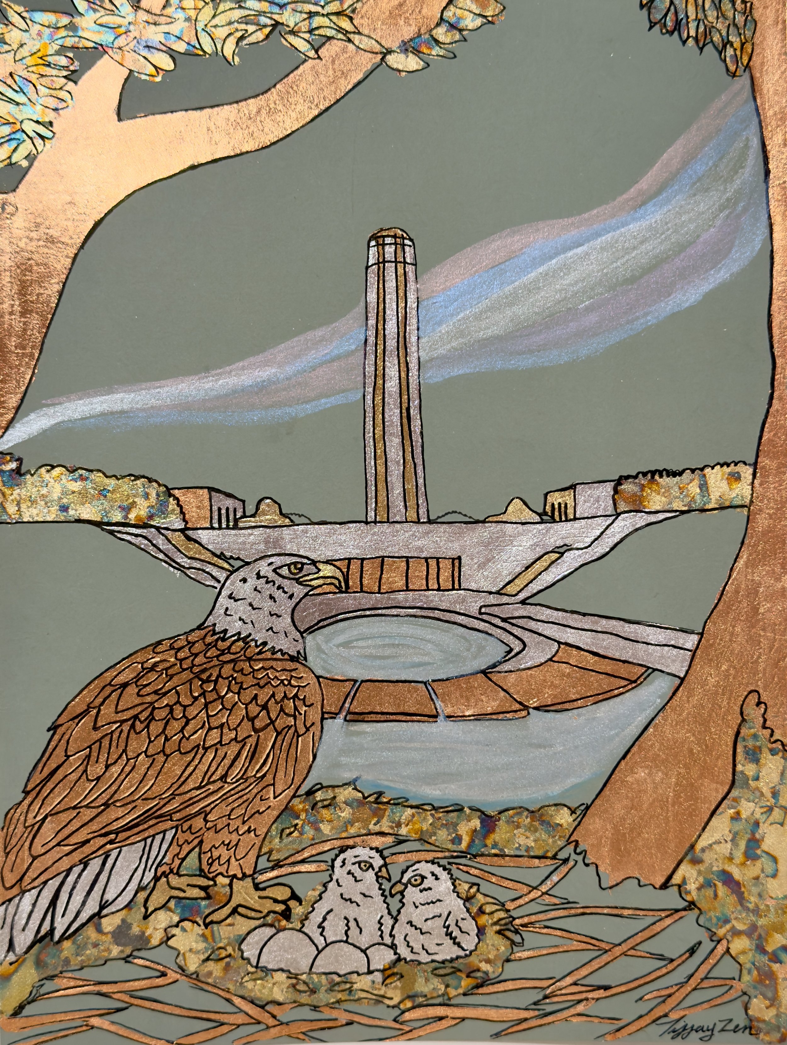 Sentinel at Home -  9" x 12" - Metal on Paper