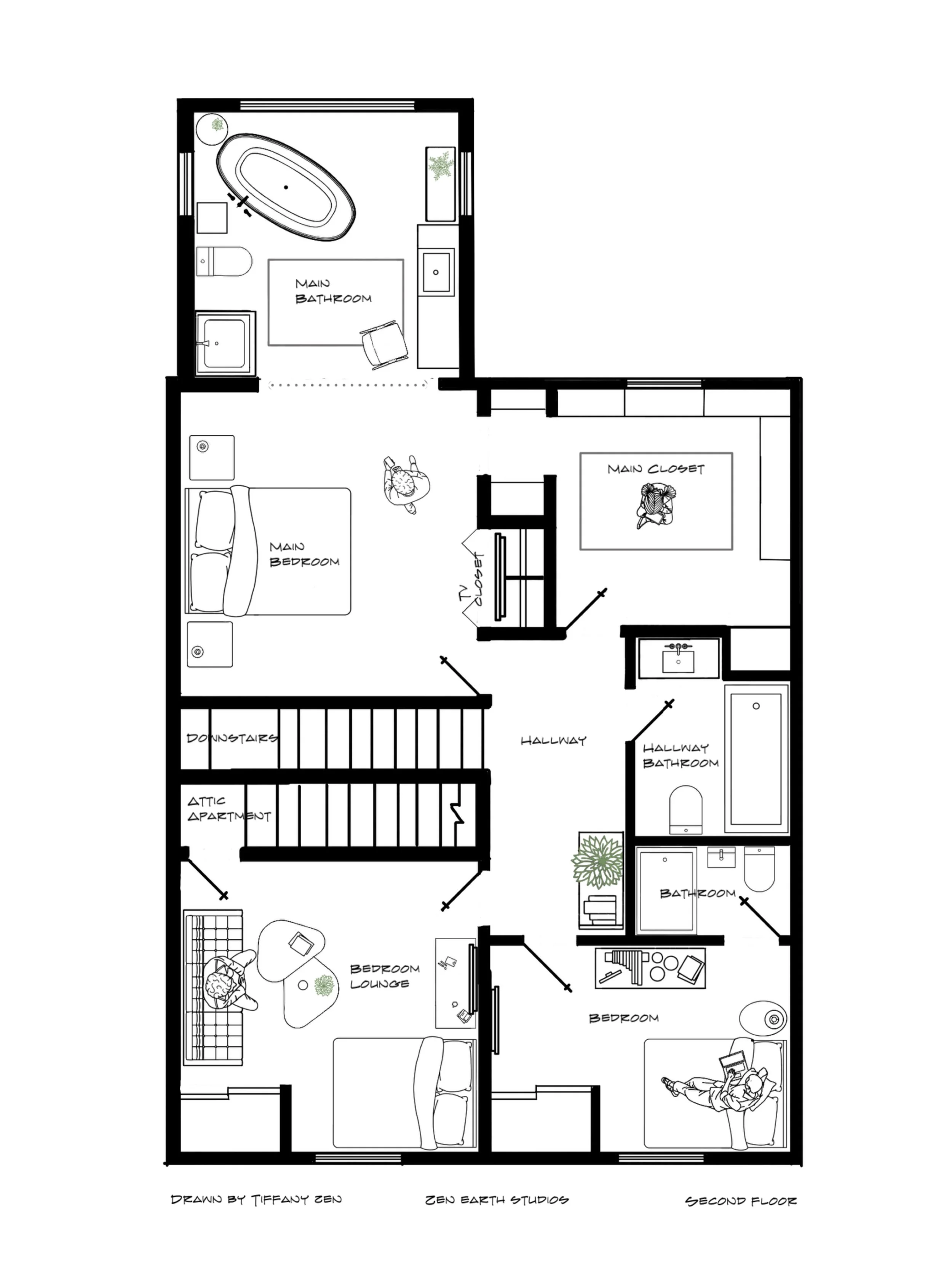 Floor plan of a house showing multiple rooms including bedrooms, bathroom, laundry, hallways, and a staircase, with furniture and interior features labeled.