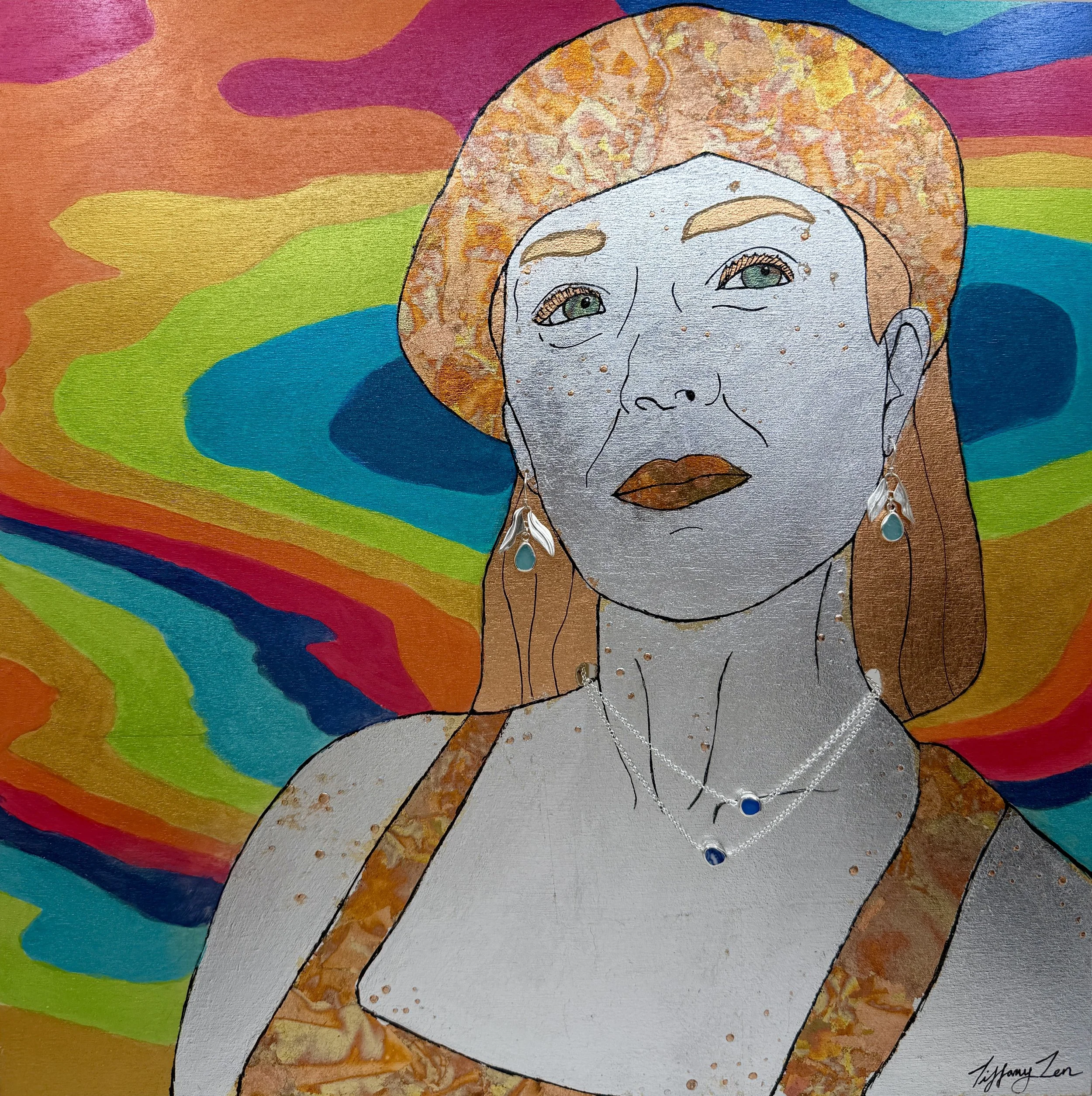 A colorful painting of a woman with long reddish hair, wearing a hat and jewelry, set against a vibrant, swirling rainbow background.