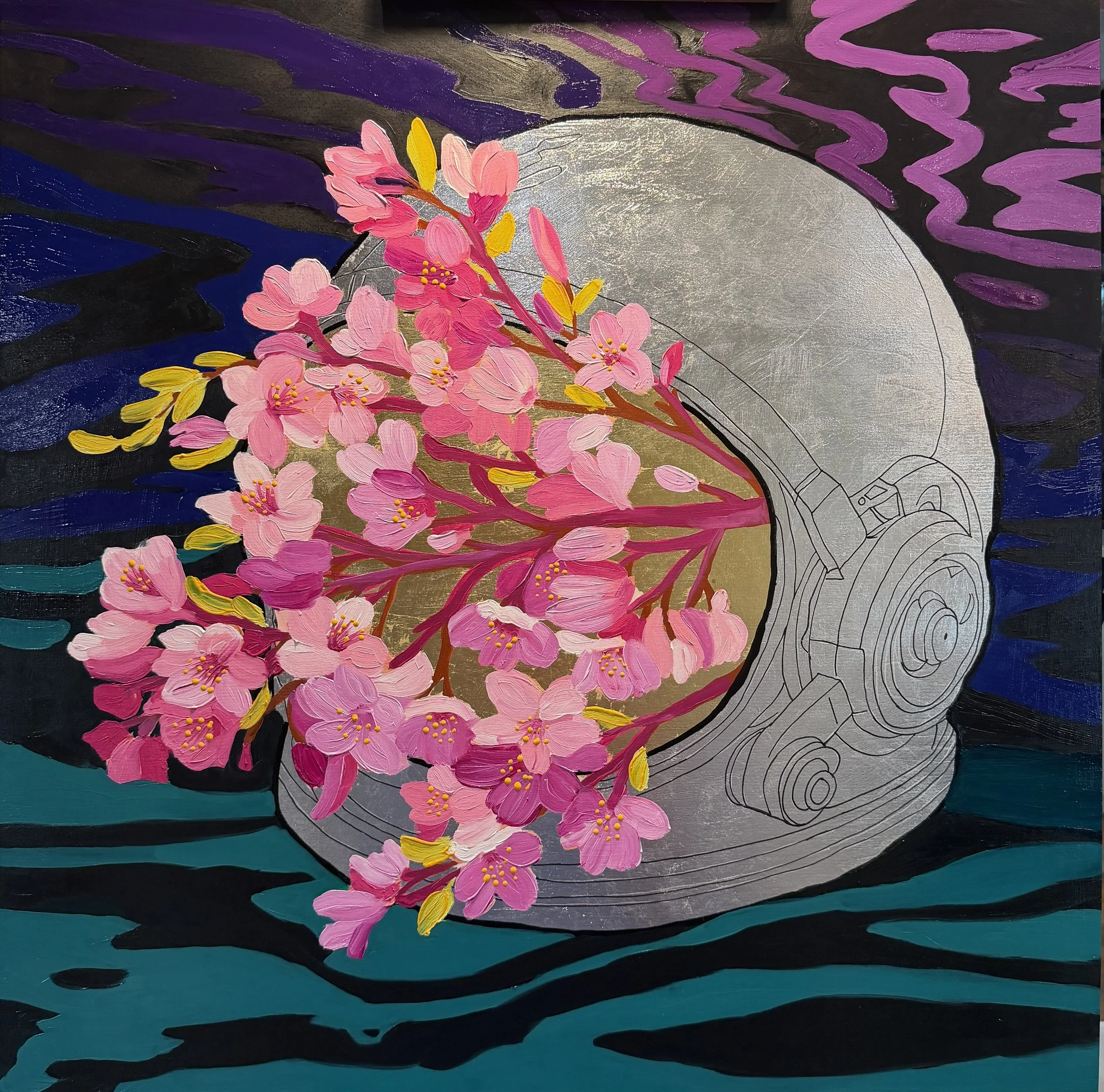 Space Flowers - 
24” x 24”  - 
Oil, Acrylic, and Gilded Metal leaf  