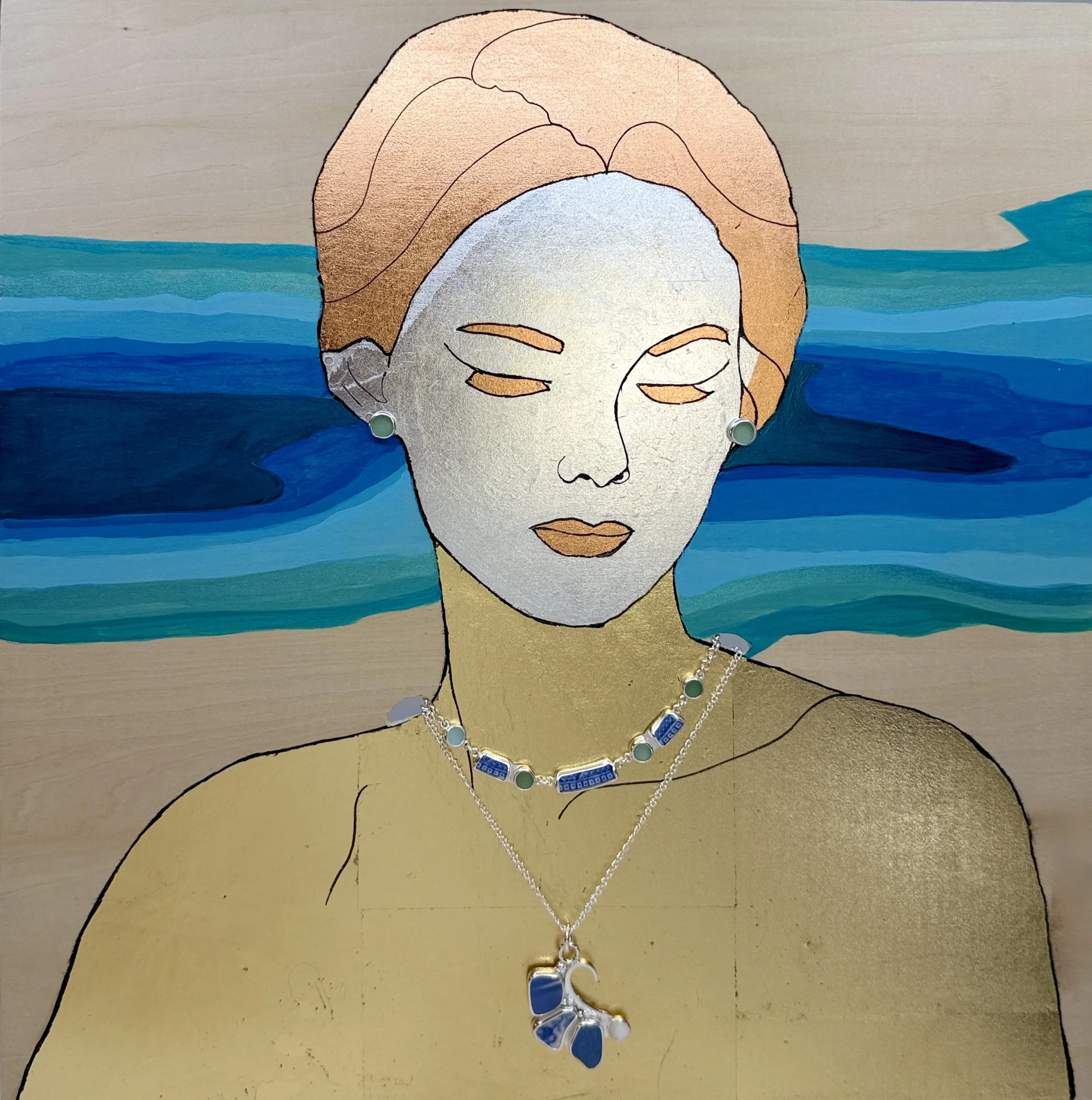 Rachel - 16” x 16” - Acrylic, Gilded Metal Leaf and Sliverstorm Jewelry 