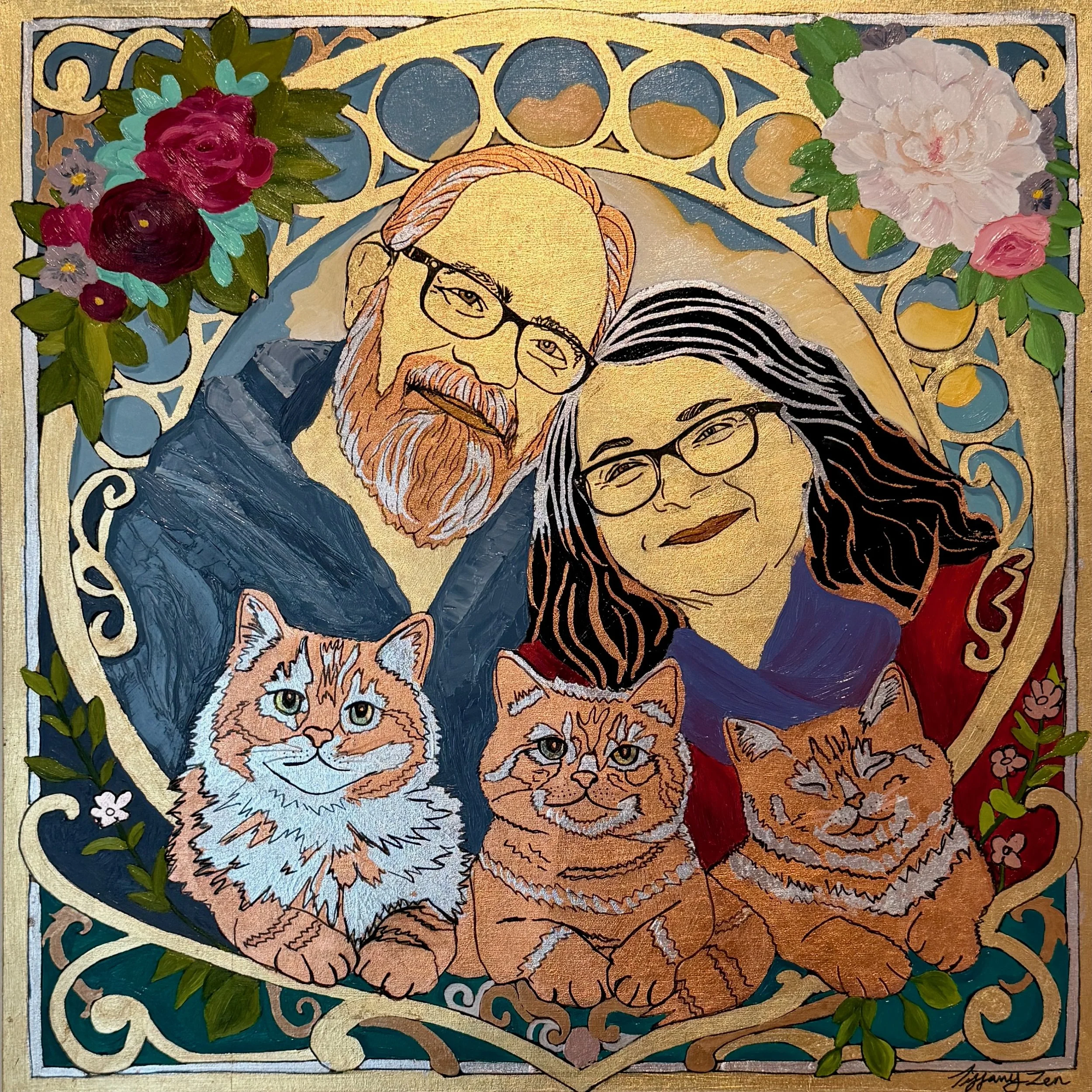 Art Nouveau Portrait - 16" x 16" - Oil, Acrylic, and Metal leaf on Wood   