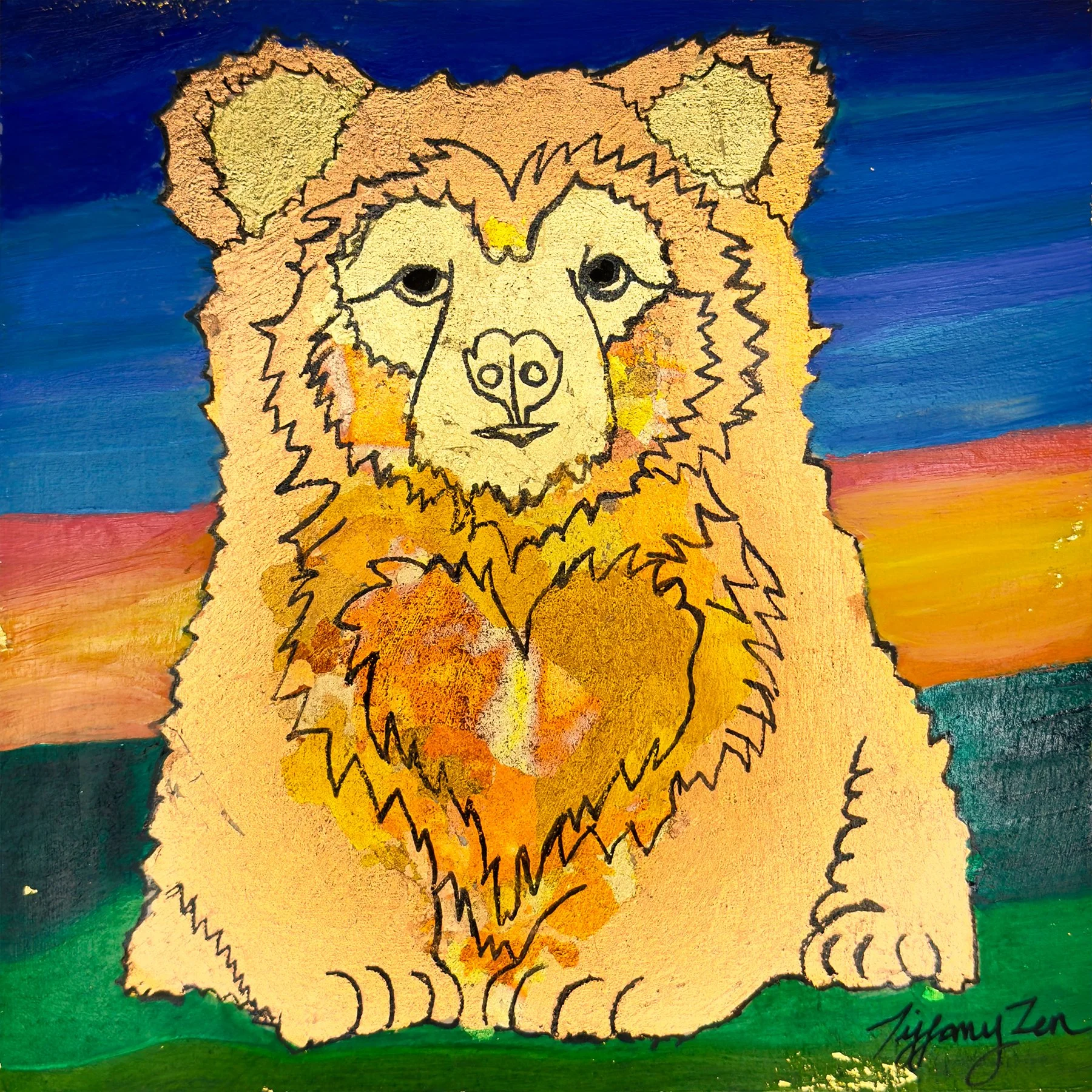 Very Beary - 6" x 6" - Metal Leaf & Oil on Wood