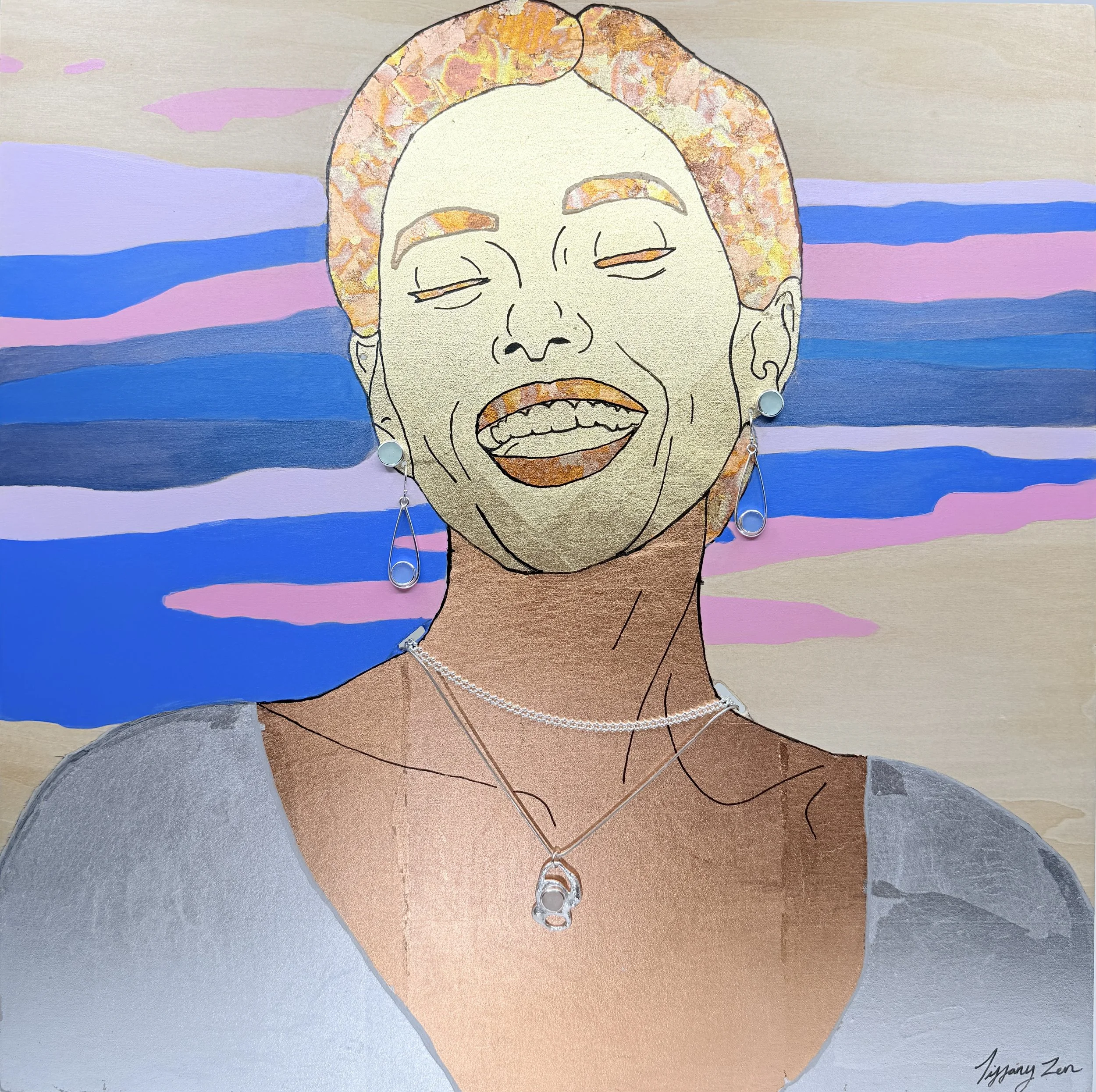 Autumn Joy - 16” x 16” - Acrylic, Gilded Metal Leaf and Sliverstorm Jewelry 