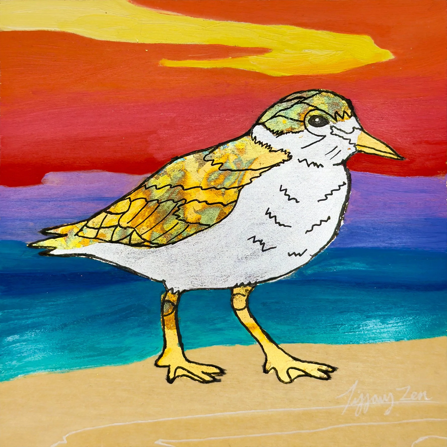 Sandpiper - 6" x 6" - Metal Leaf & Oil on Wood