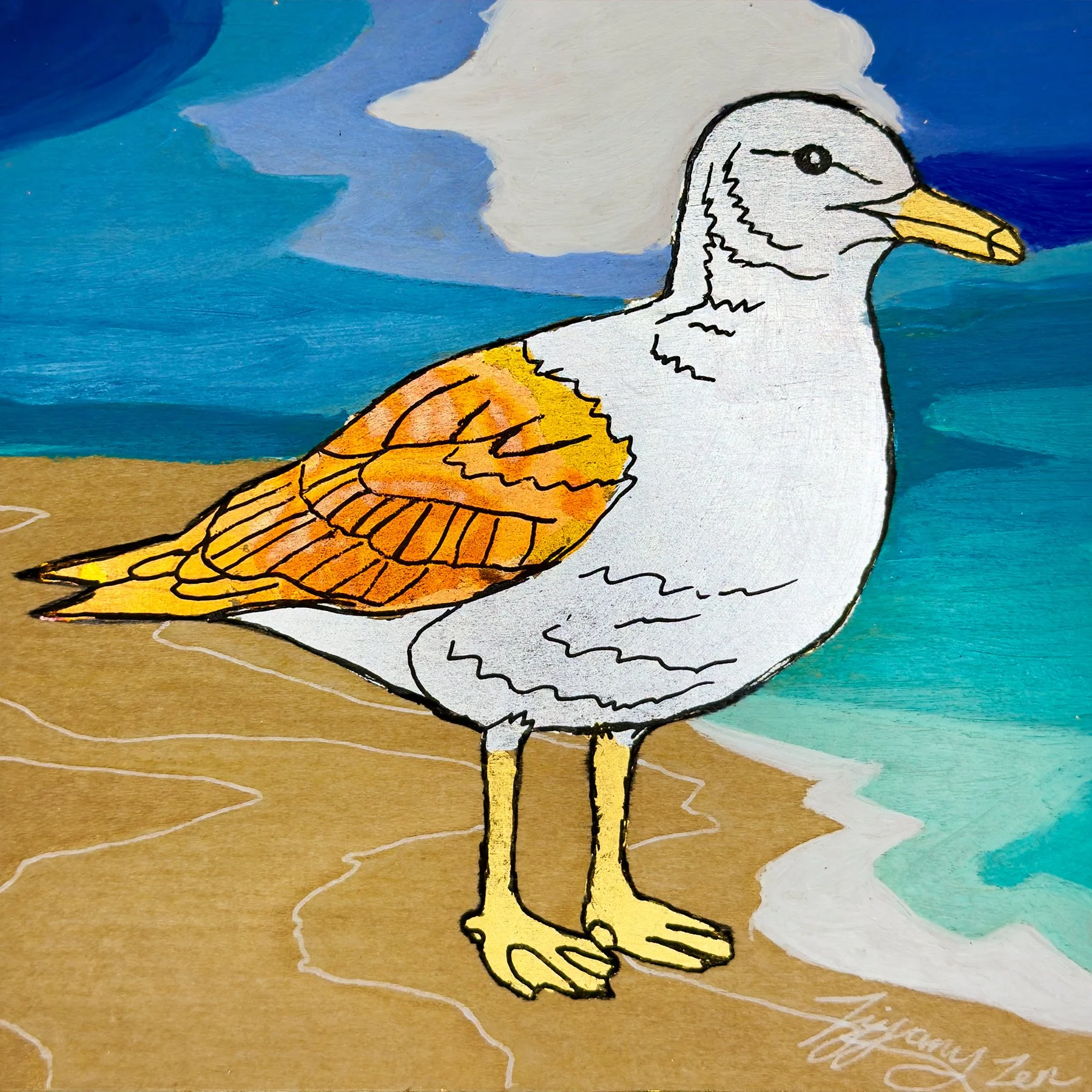 Seaglass Seagull - 6" x 6" - Metal Leaf & Oil on Wood