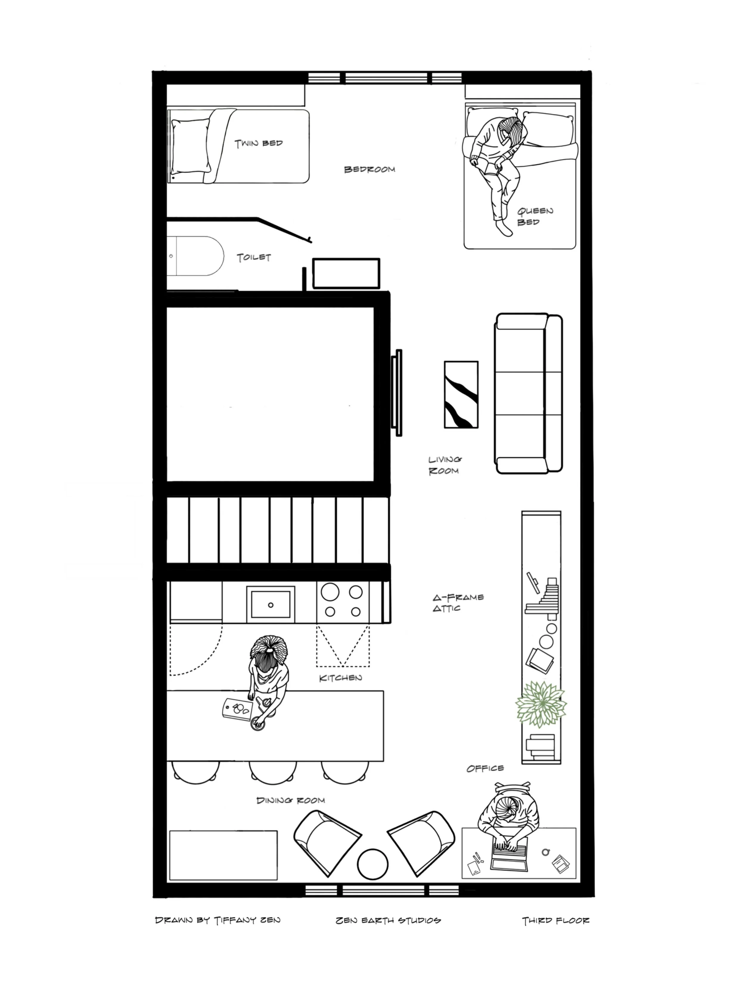 Floor plan of a house's third floor with rooms labeled Kitchen, Dining Room, Office, Living Room, Bedroom, and Bathroom. The kitchen includes a woman and a stove. The dining room has a woman and a table with chairs. The office contains a desk and a p
