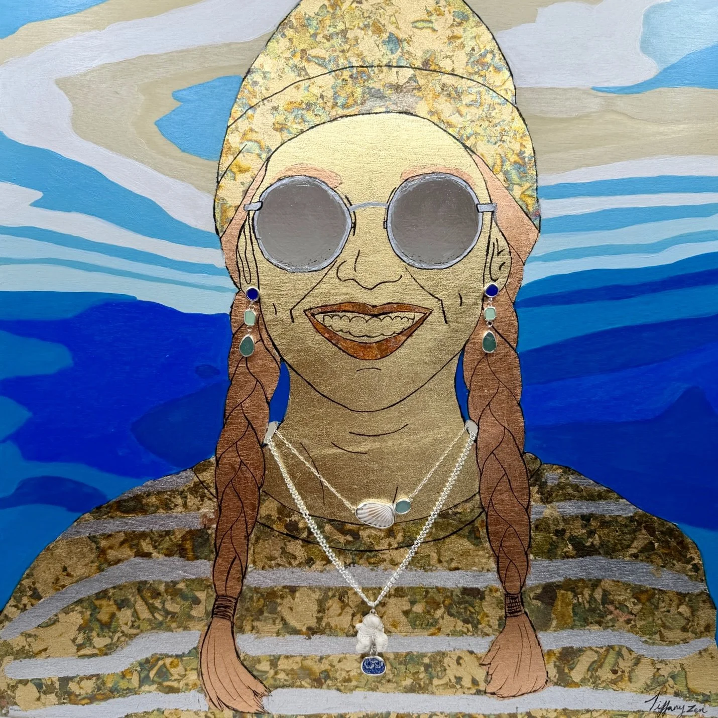 Shelby - 16” x 16” - Acrylic, Gilded Metal Leaf and Sliverstorm Jewelry 