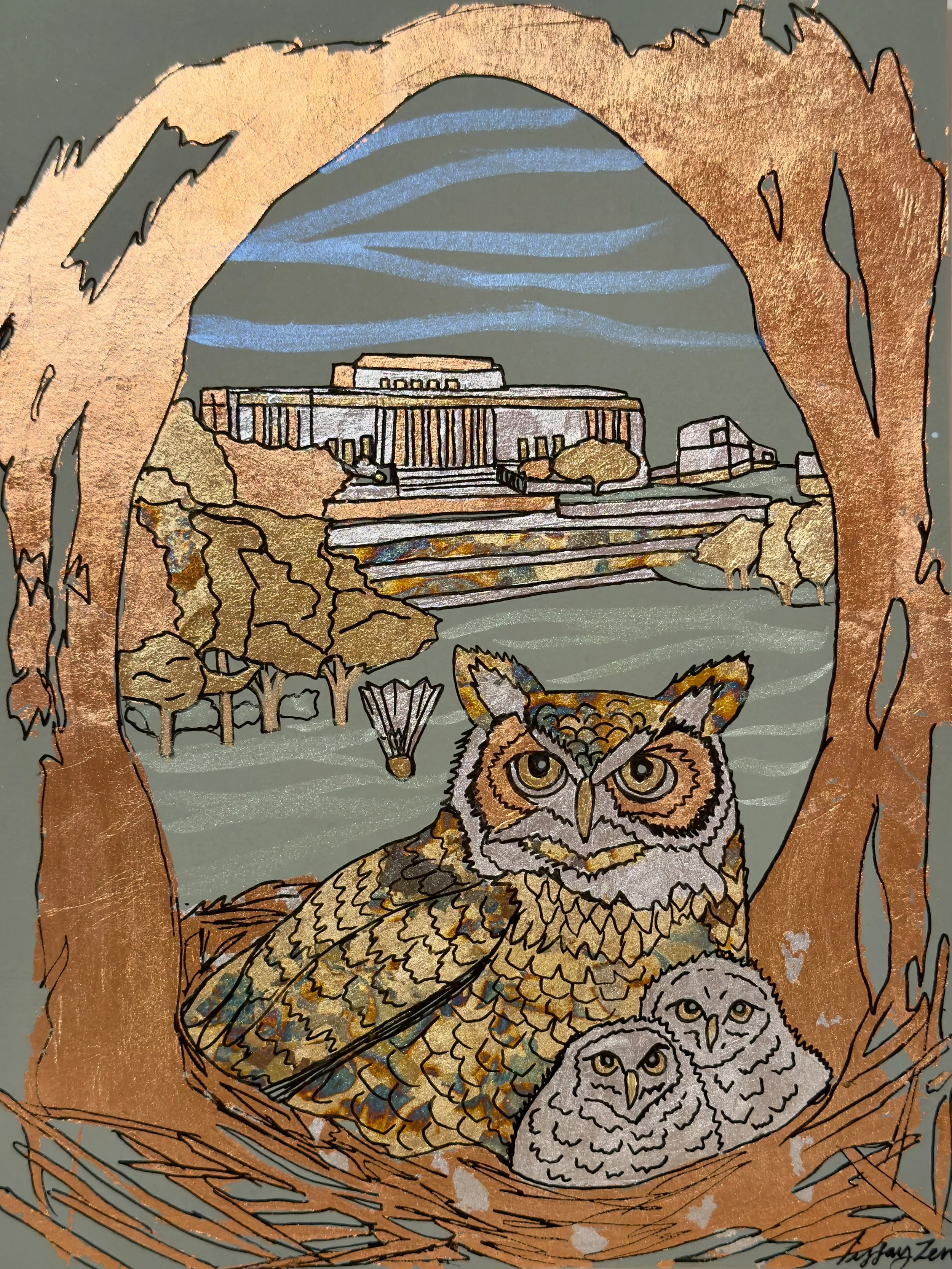 A detailed illustration of a nighttime scene featuring an owl with two owlets in a nest, framed by trees and branches. In the background, there's a large building with steps leading up to it, and a body of water with a small boat. The sky is dark wit