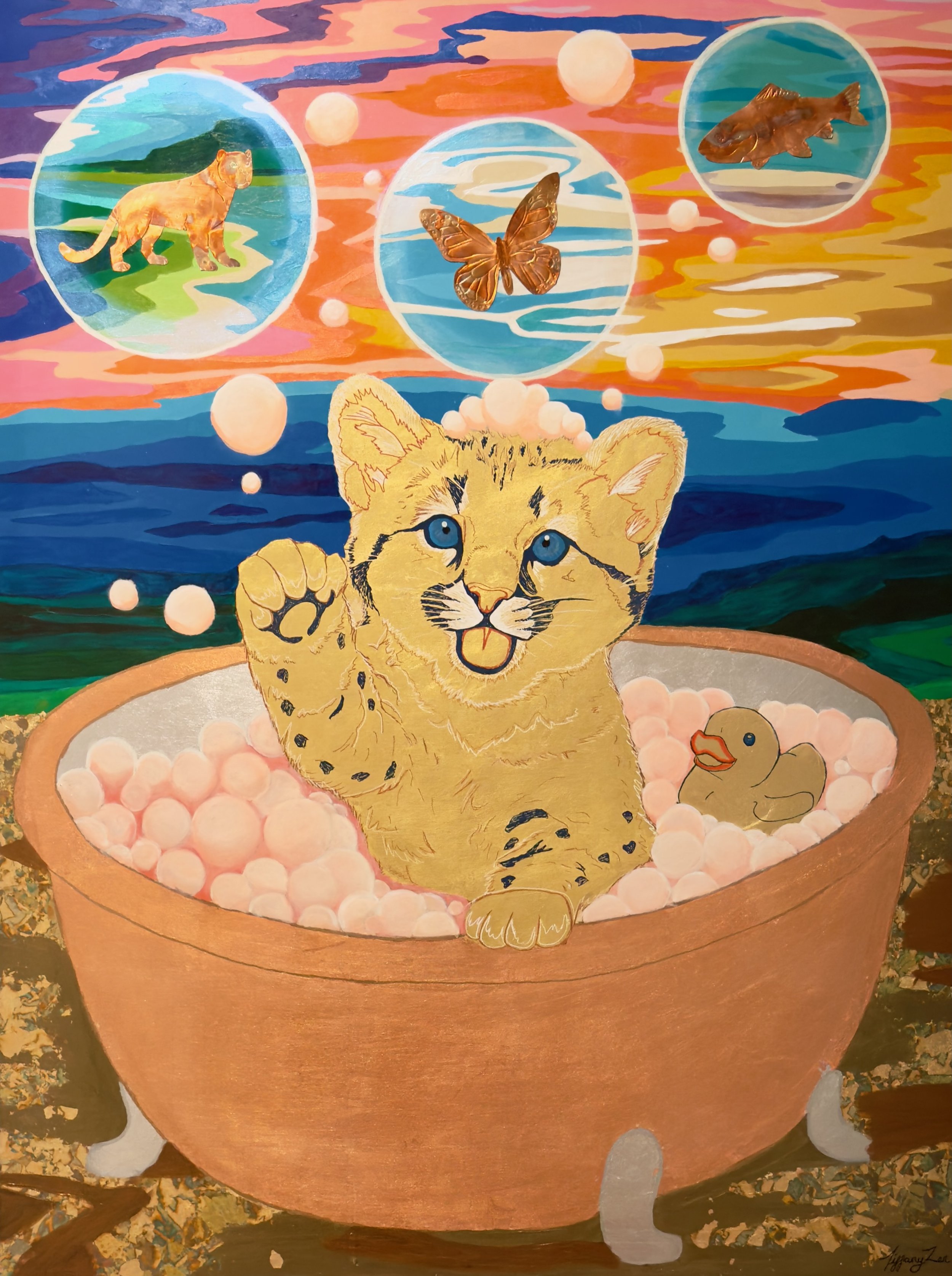 Where Dreams Begin - 30” x 40” - Oil Pastel, Acrylic, Pearl Ex, Copper Sheets Flamed, 22k Gold and Gilded Metal Leaf