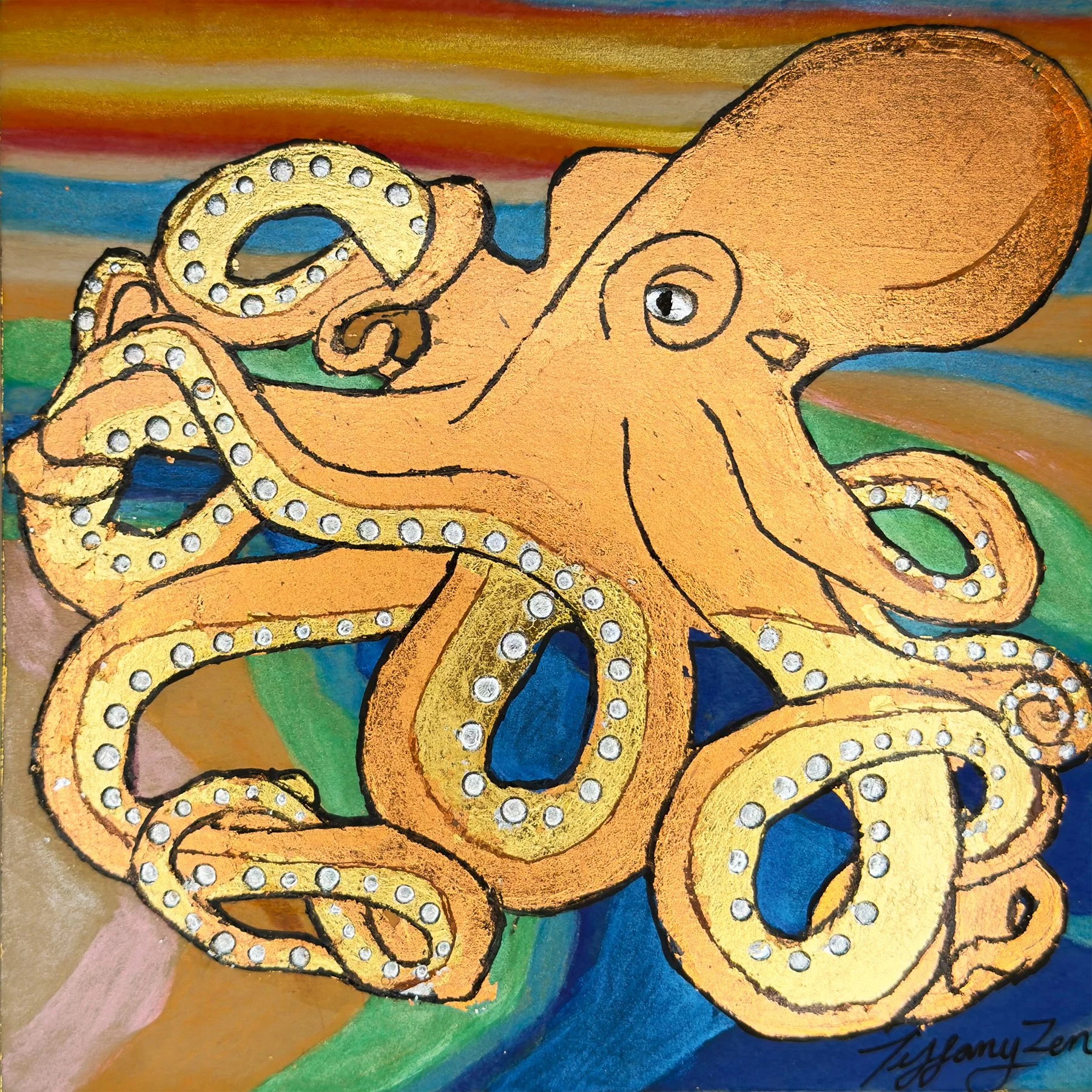 Octopus Shoreline - 6" x 6" Metal Leaf & Watercolor on wood