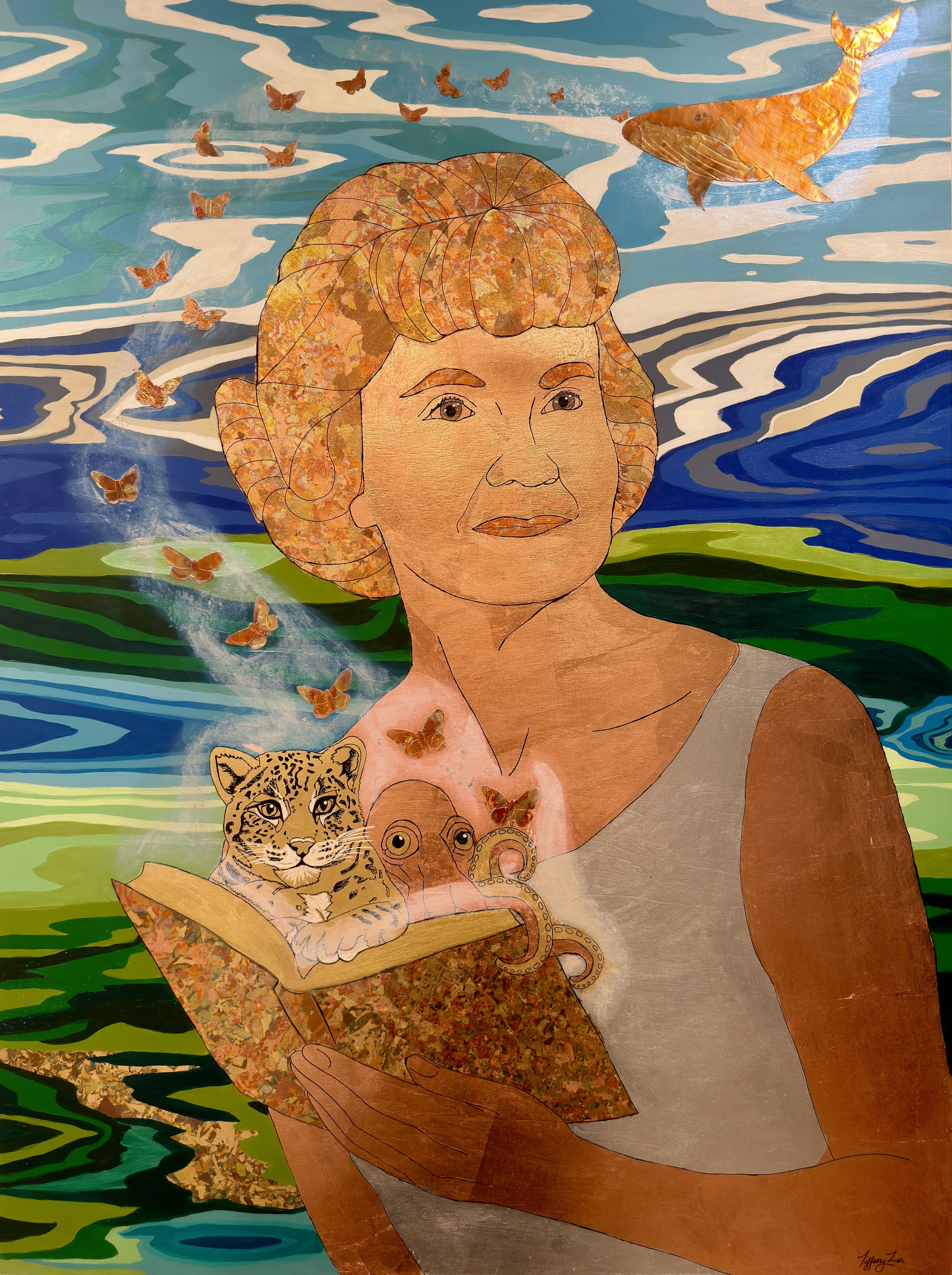 The Portrait of Imagination - 36”.  48” - Oil Pastel, Acrylic, Pearl Ex, Copper Sheets Flamed, 22k Gold  and Gilded Metal Leaf 