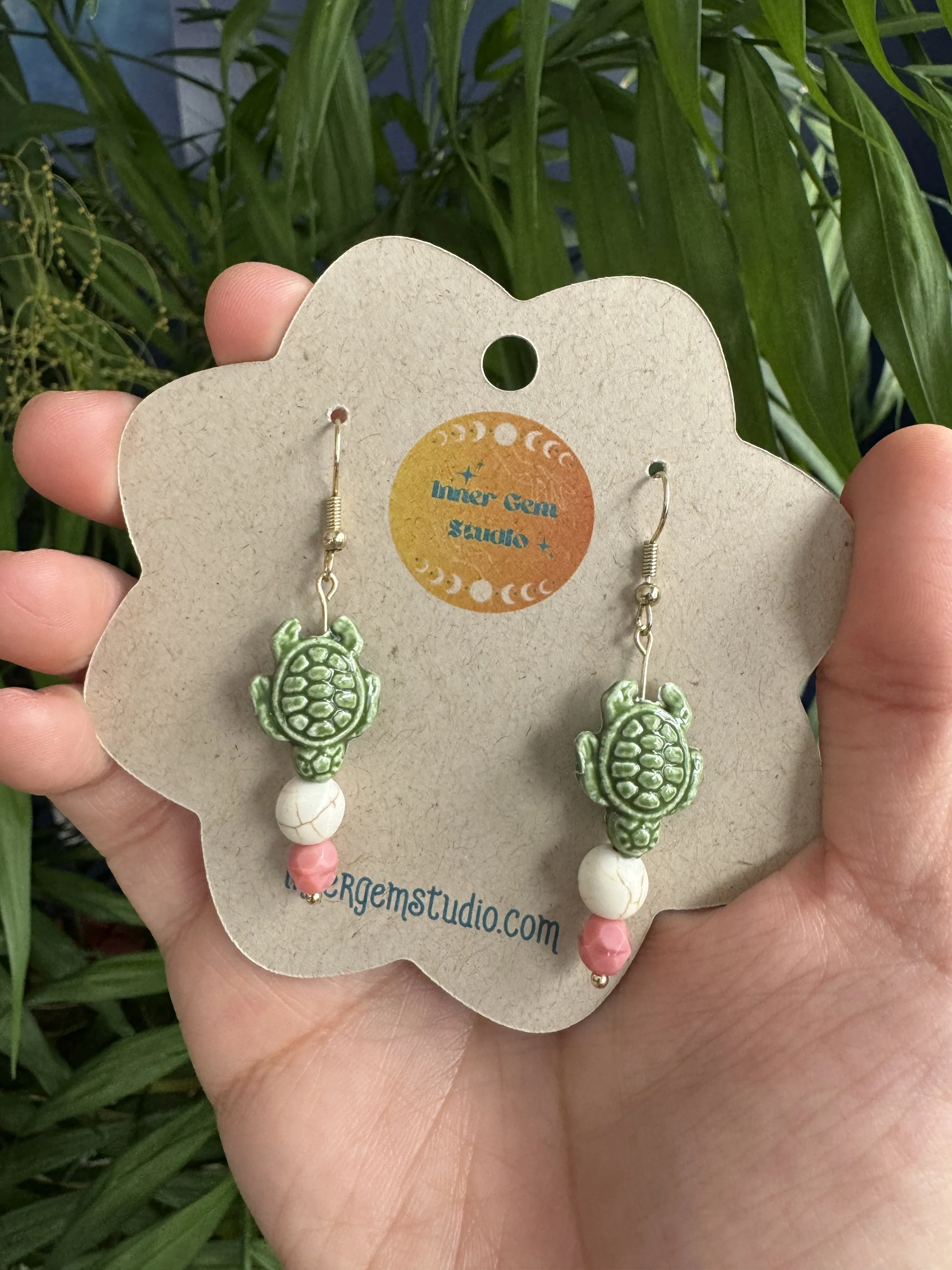 Turtle Earrings with Pink Bead - Inner Gem Studio