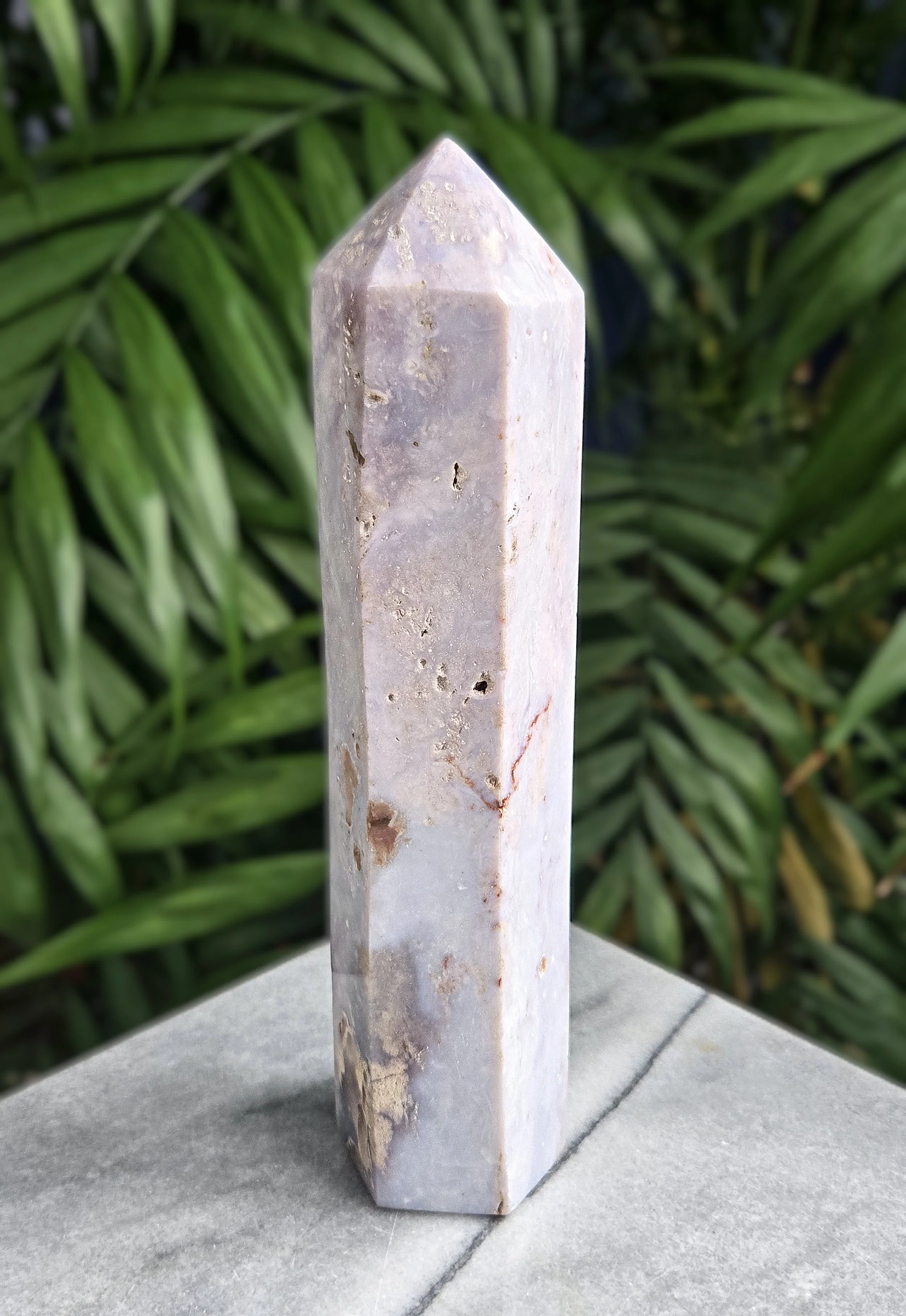 Large Lavender Plume Agate Hexagon Tower