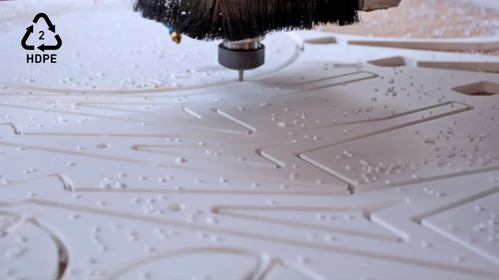  The feet, legs and Lander lids are CNC milled and then hand routed to smooth over any sharp edges. The team tested many materials, but HDPE (High Density Polyethylene) was selected for its resistance to moisture, durability and the fact that it can 