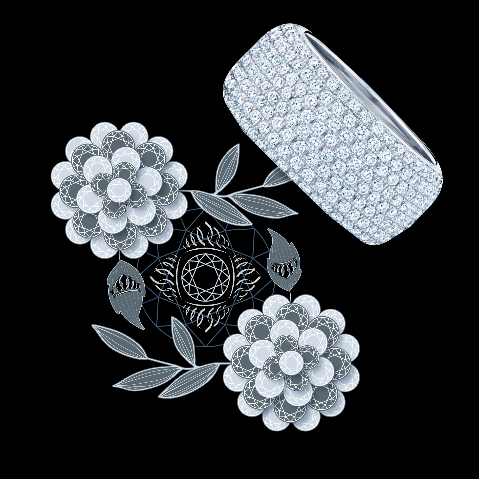 A digital illustration of a silver ring encrusted with diamonds, placed above a dreamcatcher with geometric patterns, surrounded by stylized flowers and leaves on a black background.