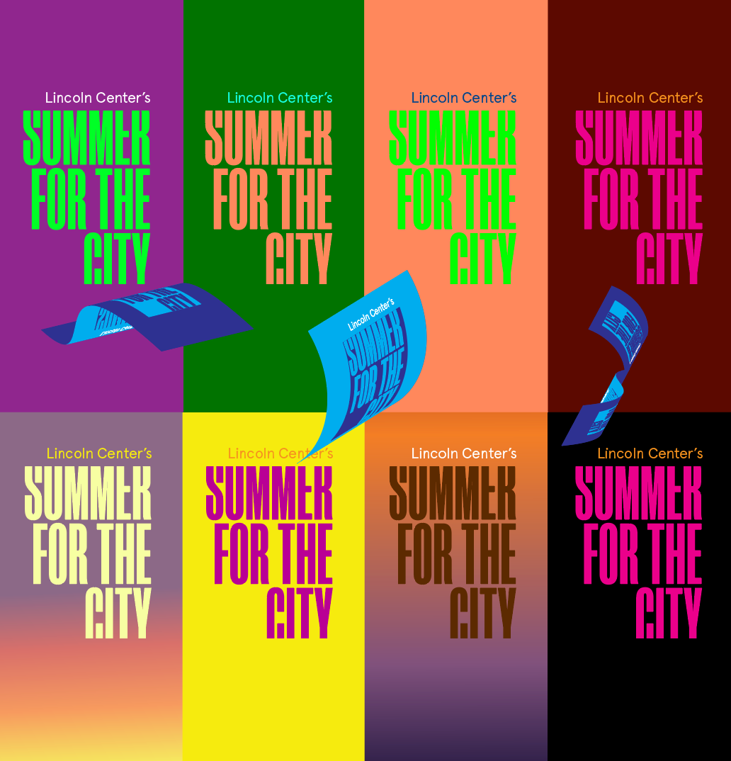 Multiple colorful posters and flyers for Lincoln Center's Summer for the City event, with the event title in bold letters and a lively background, one flyer in blue being flipped.