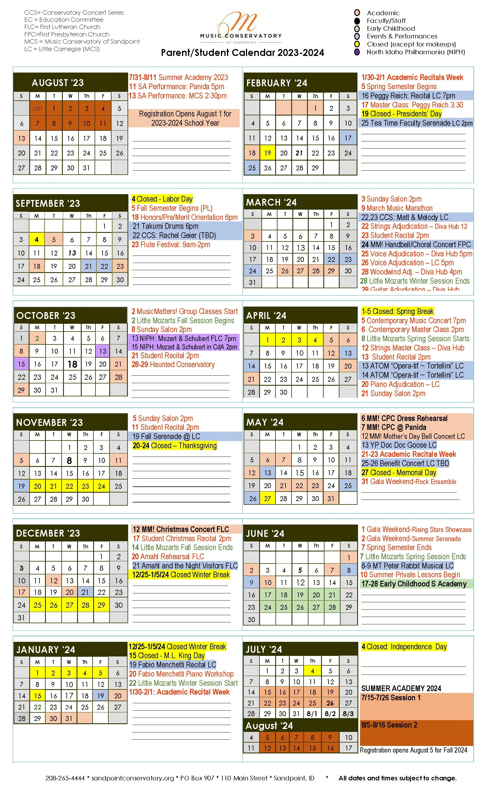 MCS Calendar — Music Conservatory of Sandpoint