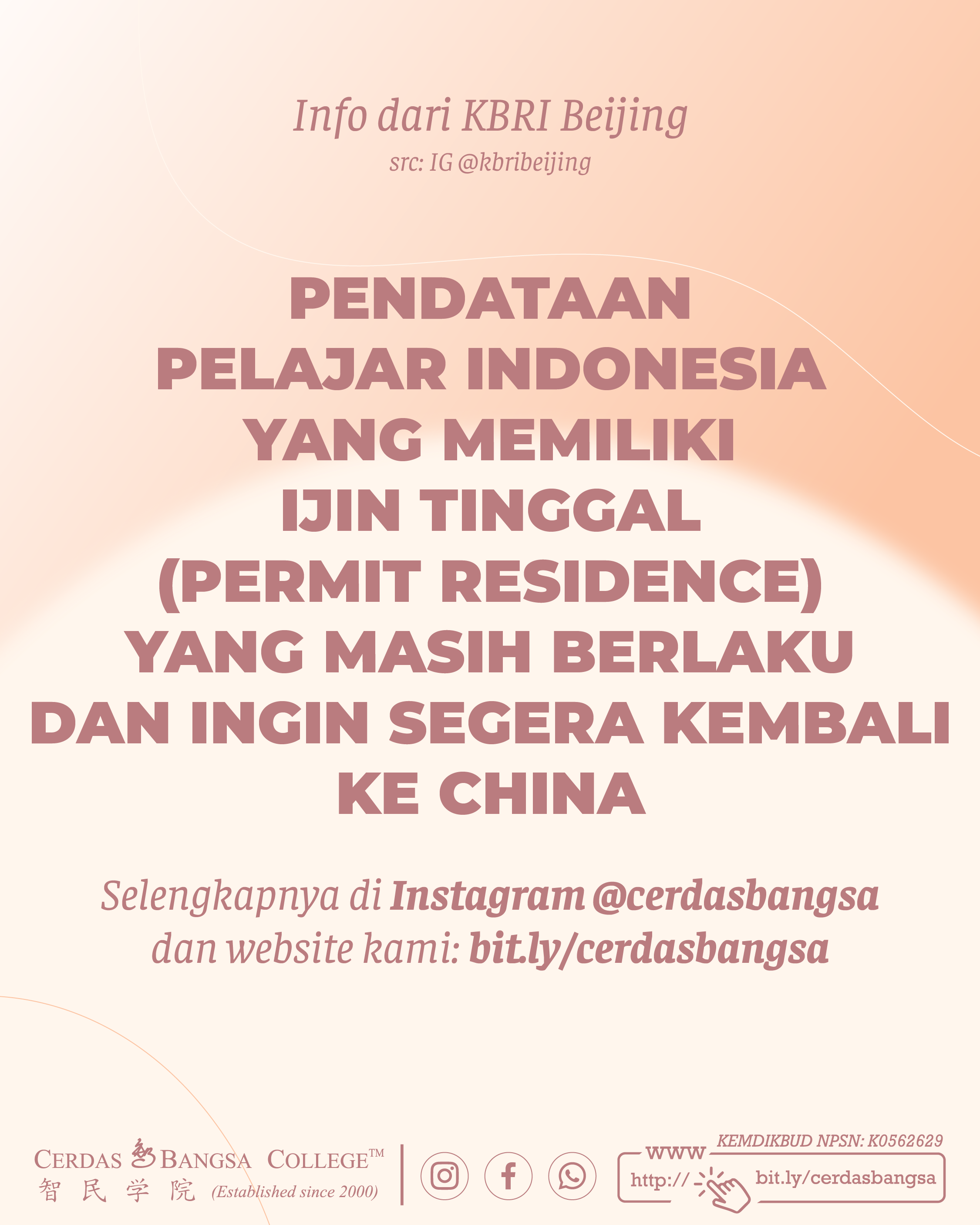 PENDATAAN PELAJAR DENGAN PERMIT RESIDENCE UTK KEMBALI KE CHINA