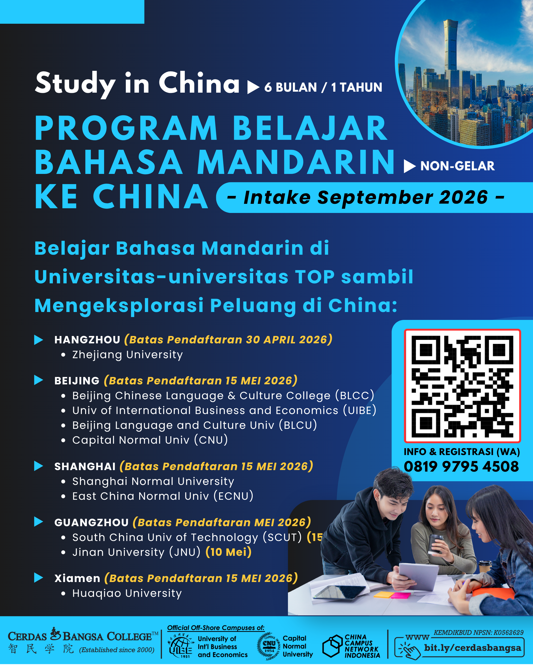 Program Belajar Bahasa Mandarin Study in China intake 2026 segera ditutup! 