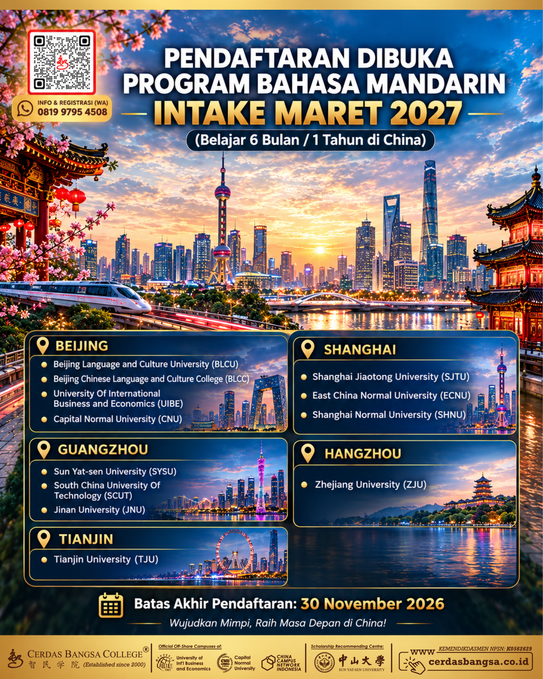 Belajar Bahasa Mandarin langsung di China (Intake Maret 2027)