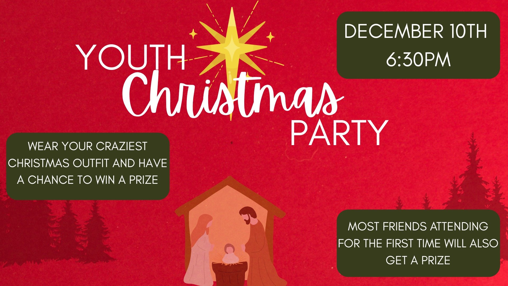 Hey Fam! 

This week is our Christmas Party! 👈 Invite someone TODAY!🎄 let's fill our sanctuary with friends and family invite everyone (that's 6th through 12th grade) and get a chance at a BIG prize!👏🎄🔥