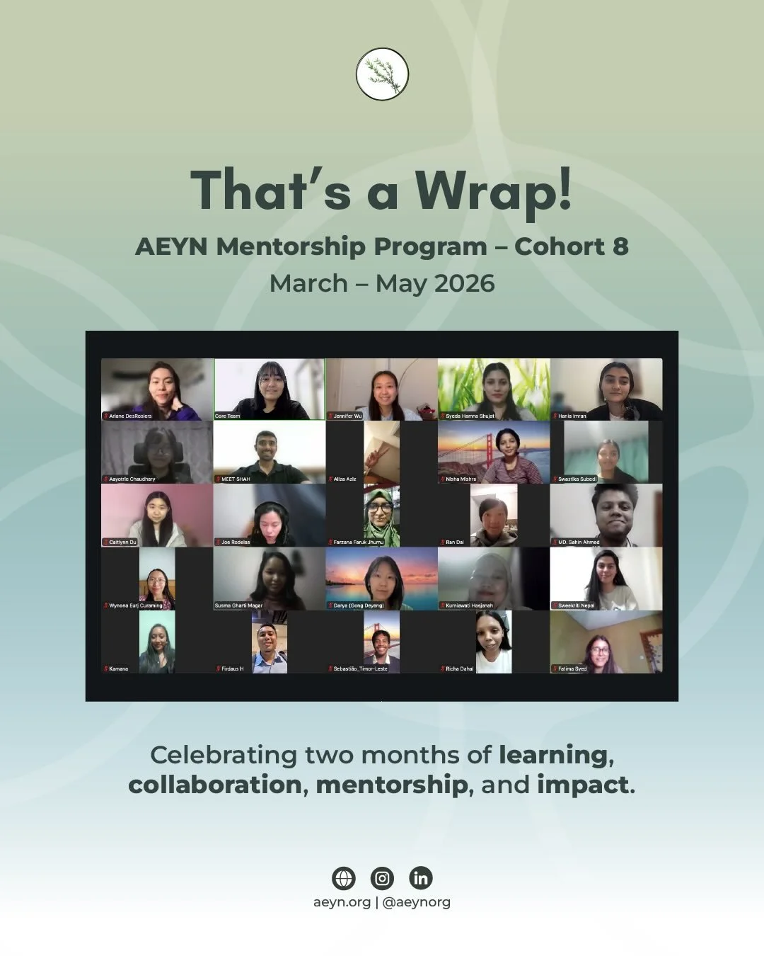 From March to May 2026, mentors and mentees came together to exchange ideas, build skills, expand networks, and explore solutions to environmental and climate challenges.

Over the course of the program, mentees worked on projects aligned with their 