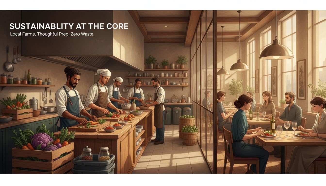 Chefs preparing seasonal ingredients in a premium restaurant kitchen, illustrating sustainability through local sourcing, thoughtful preparation, and reduced-waste practices.