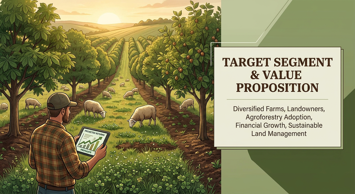 Illustration of Propagate’s value proposition showing a diversified agroforestry farm with tree rows, crops, and a farm owner reviewing projected returns
