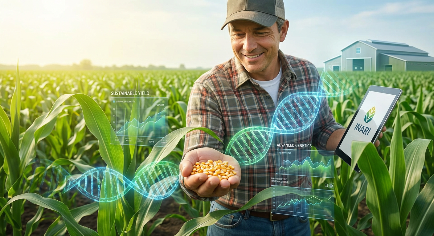 Farmer holding gene-edited corn seeds, digital DNA overlays, sustainable agriculture.
