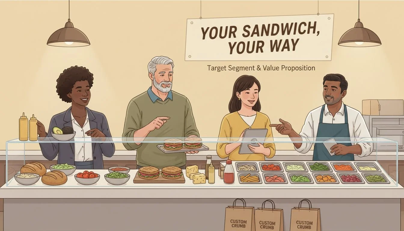 Customers choosing personalized sandwich ingredients at a modern fast-casual counter illustrating Which Wich’s value proposition