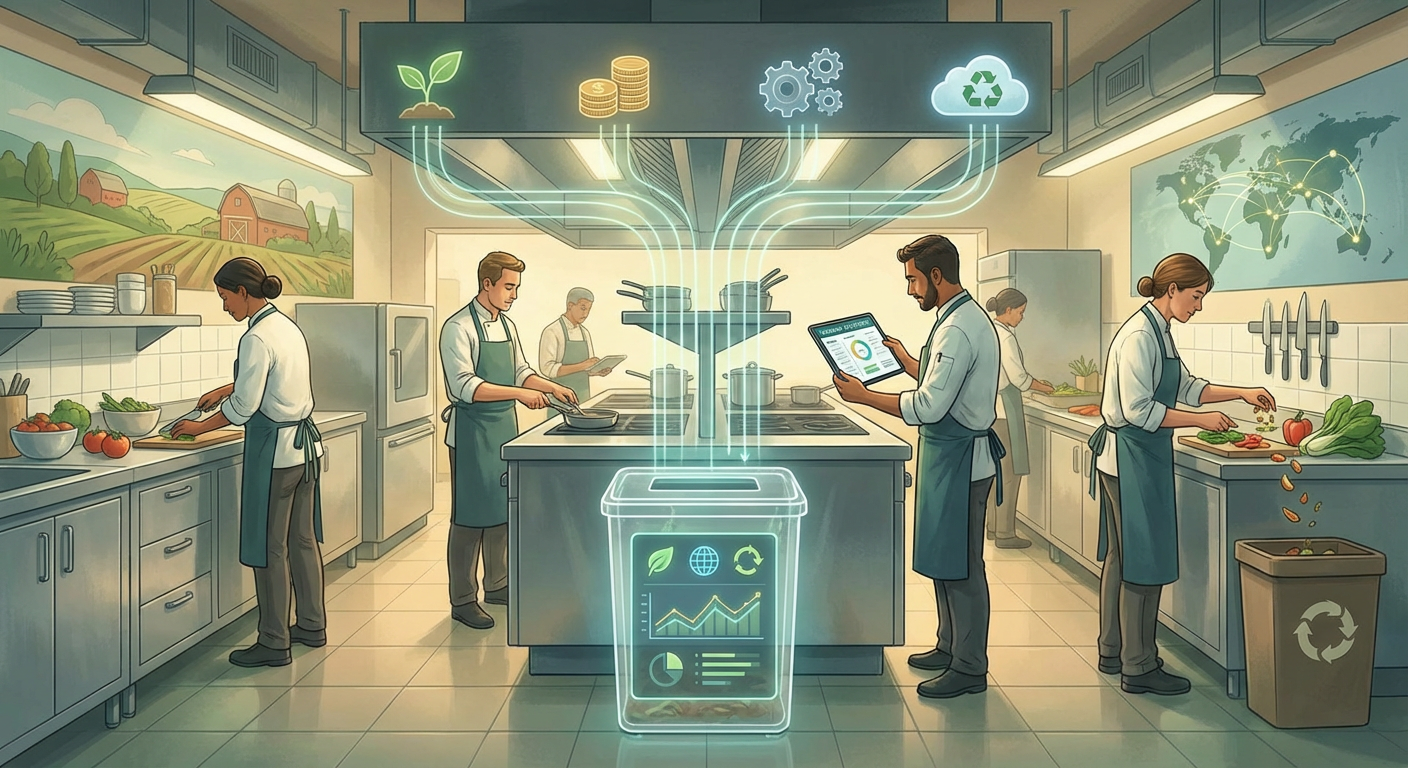 Animated commercial kitchen illustration linking AI food waste tracking with lower waste, resource efficiency, and sustainability outcomes through subtle environmental visual cues.